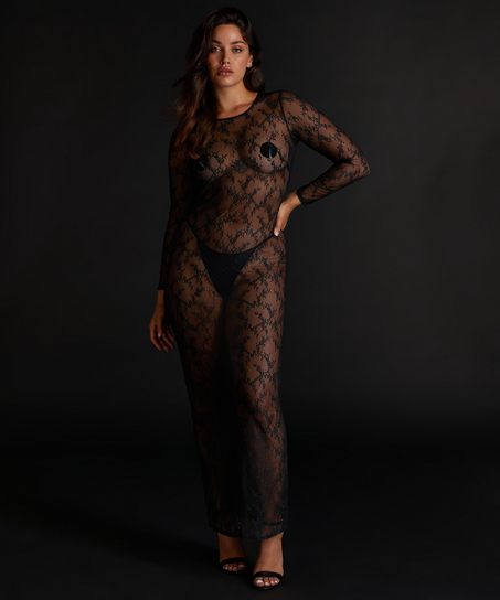 Long Sleeve Lace Bodycon Slip Dress, Black