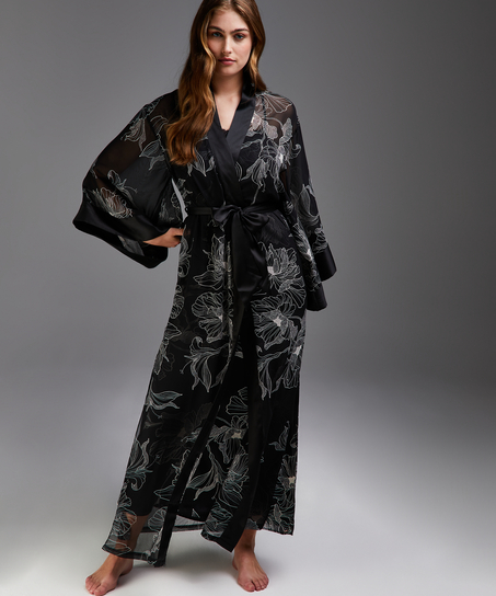 Lotus long chiffon kimono, Black