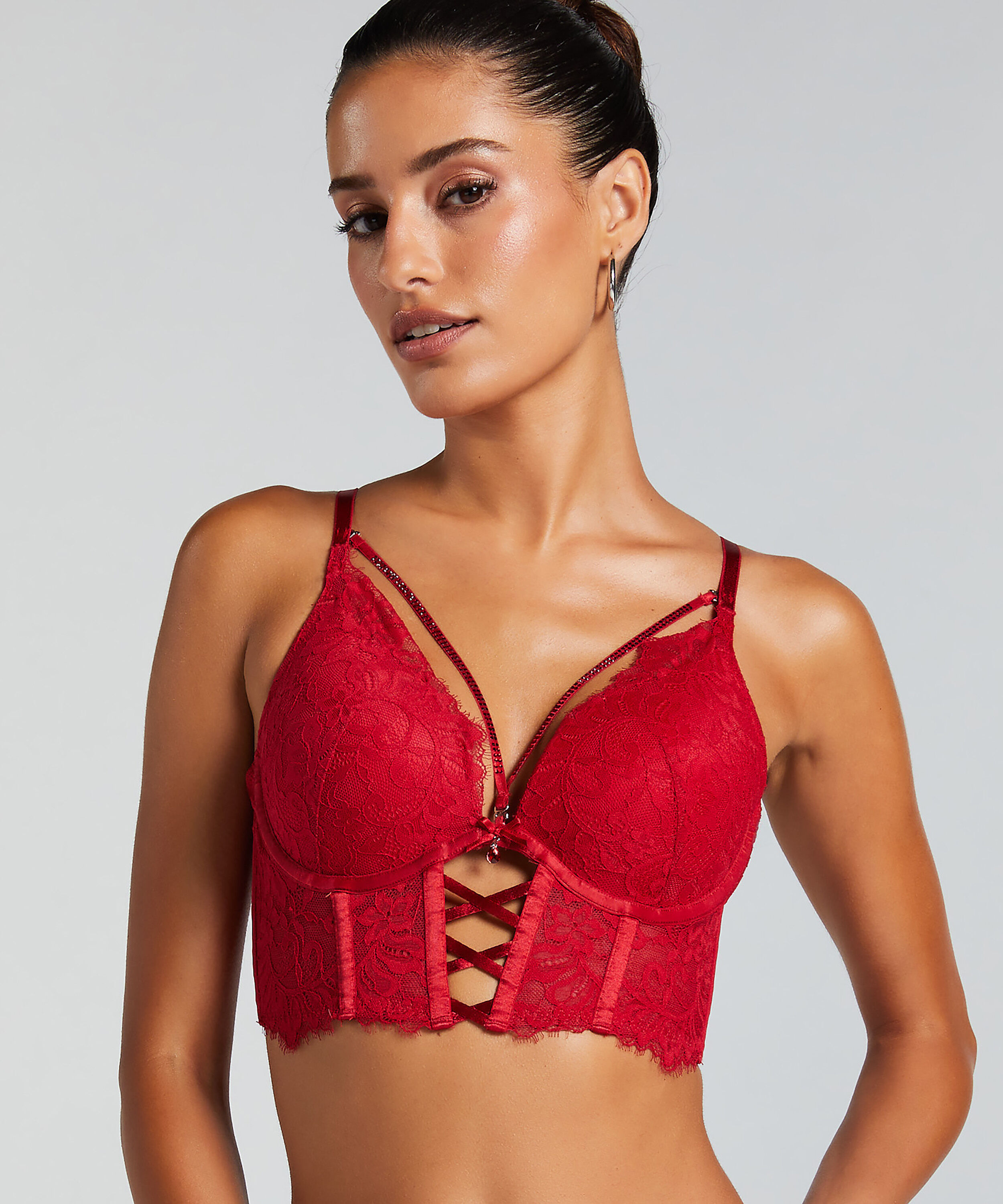 Charlotta Padded Underwired Longline Push-Up Bra, Red