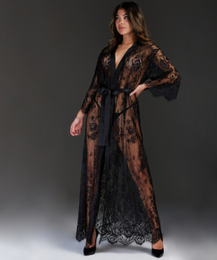 Long Allover Lace Kimono , Black