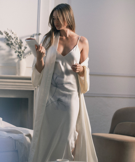 Kimono Long Satin Floral, White