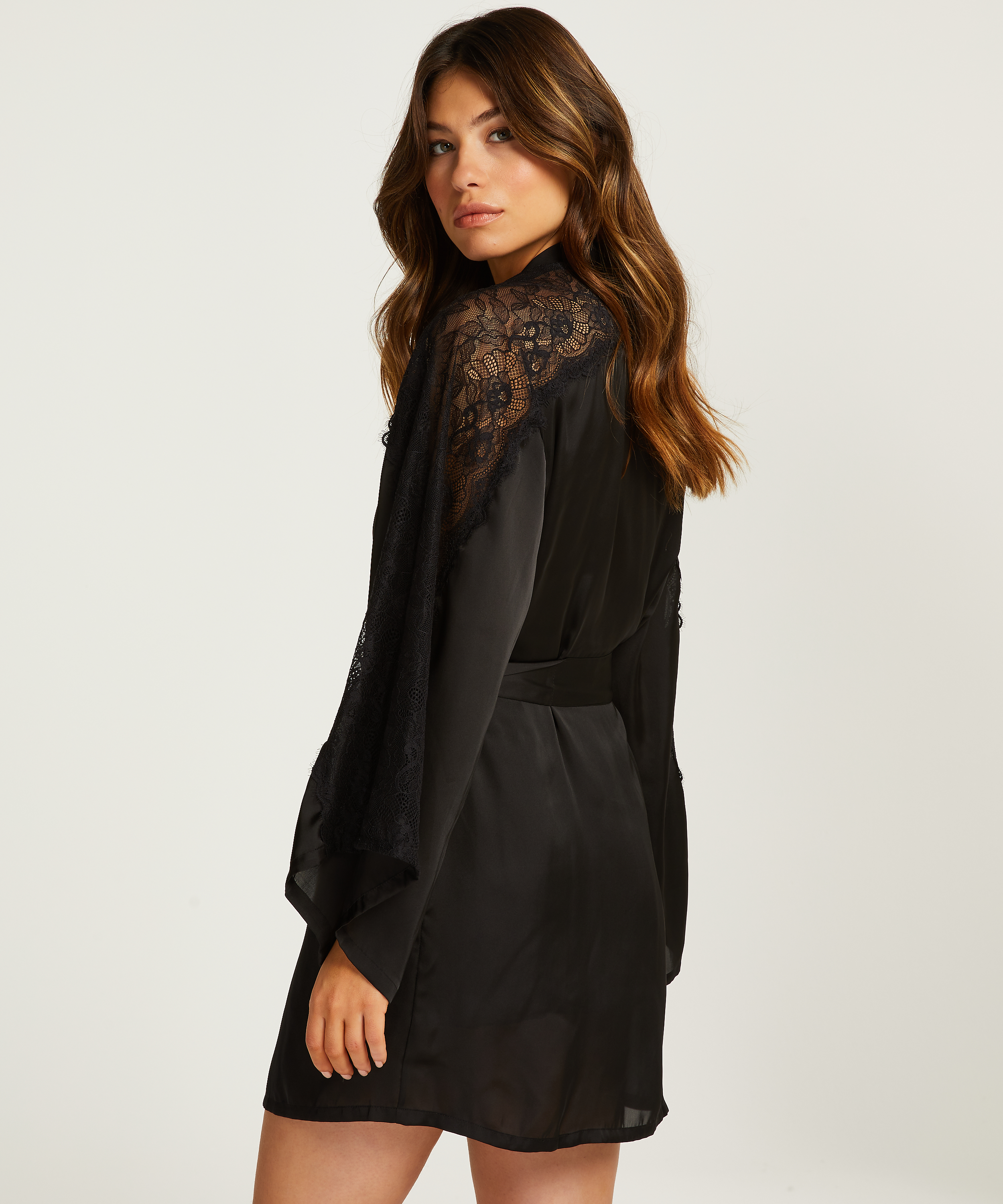 Satin Lace Kimono, Black, main