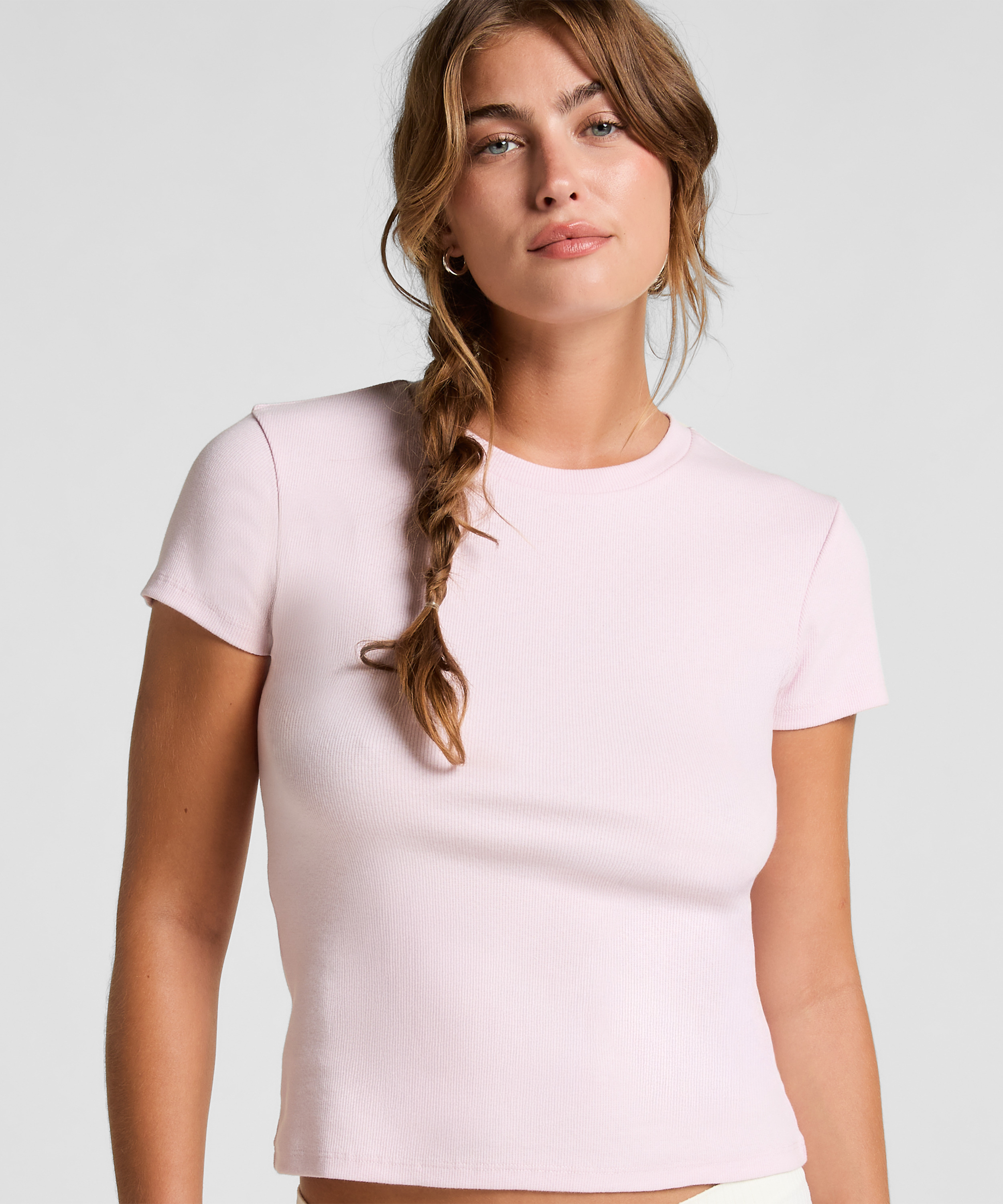 Ribbed Crew Neck Short-Sleeved Pyjama Top, Pink, main