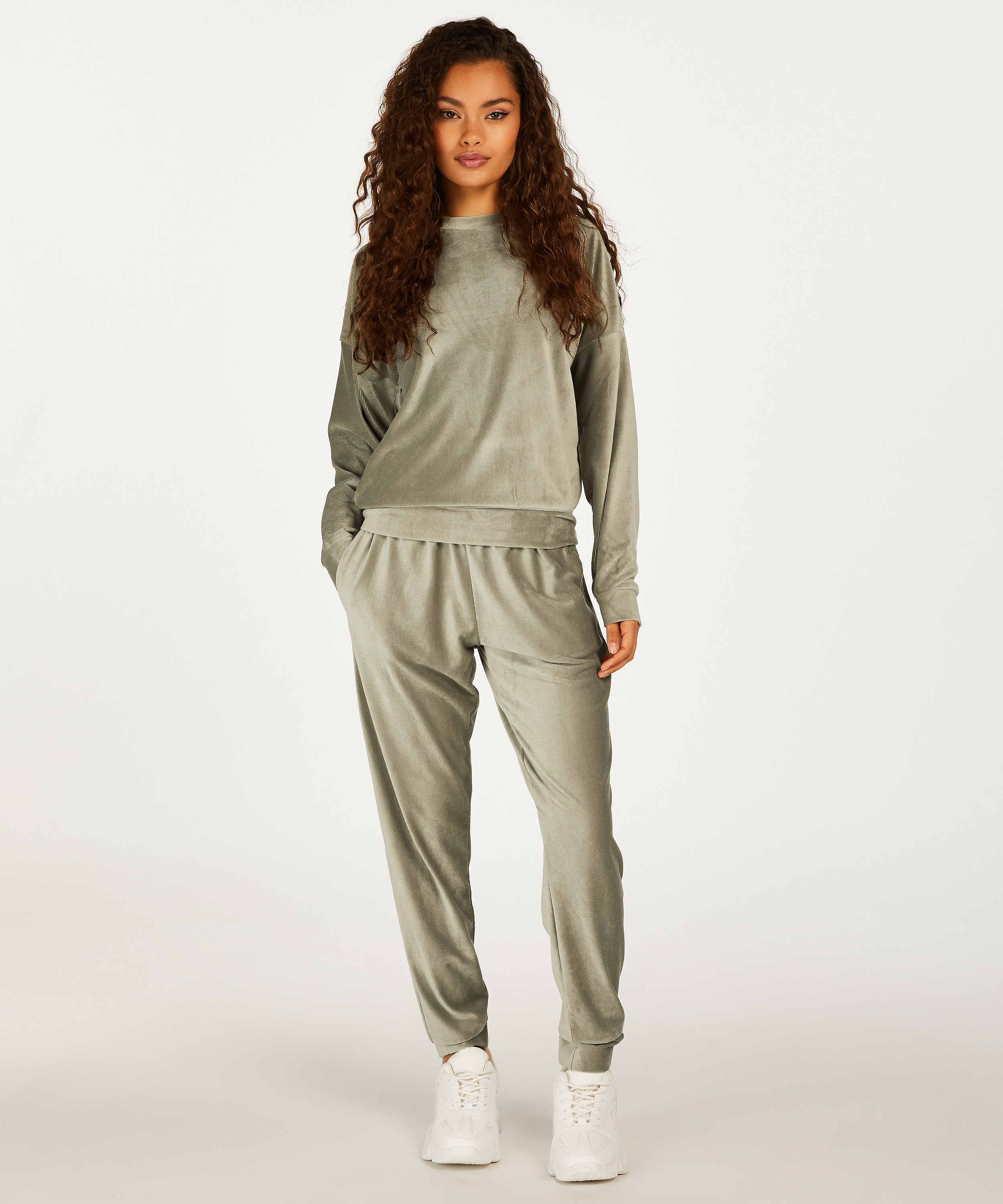 Velour rib top with long sleeves, Green, main
