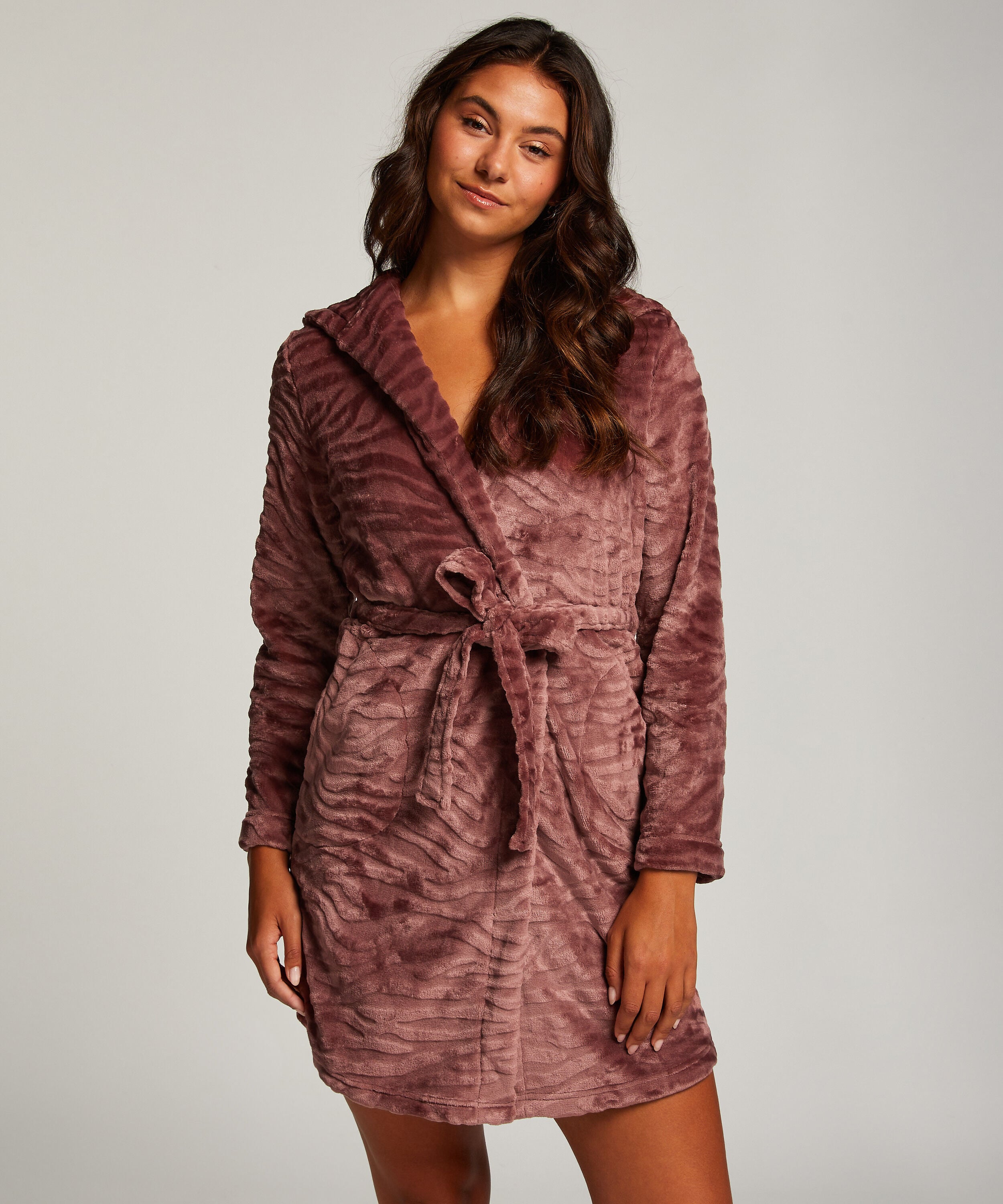 Short Fleece Ribbed Bathrobe, Purple