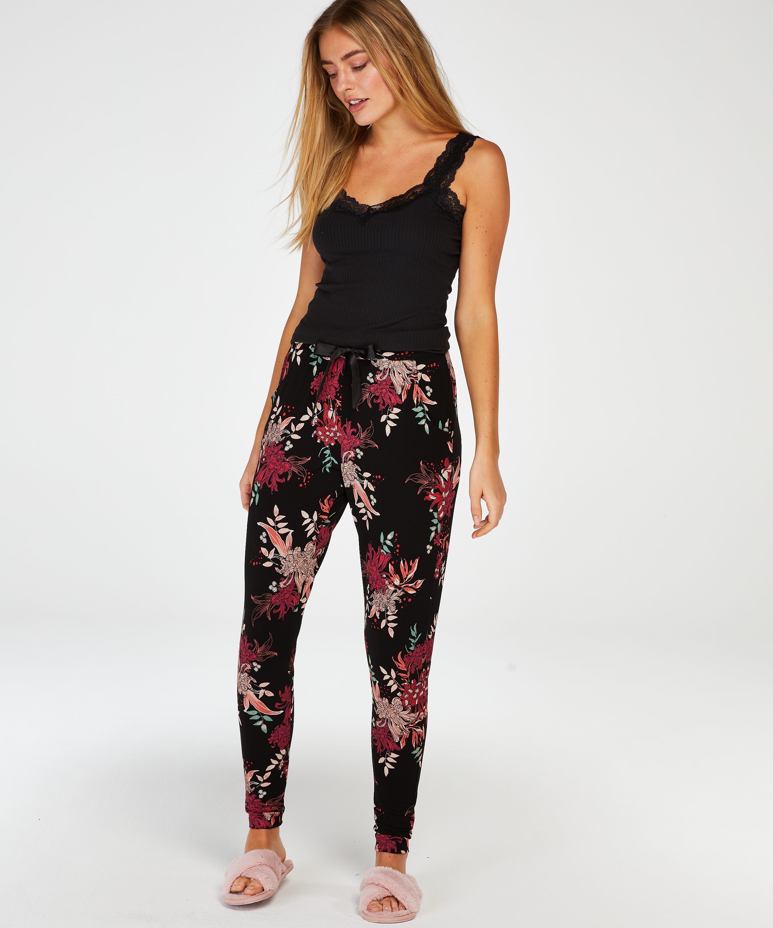 Rib lace cami top, Black, main