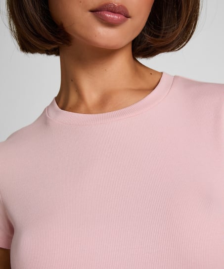 Ribbed Crew Neck Short-Sleeved Pyjama Top, Pink