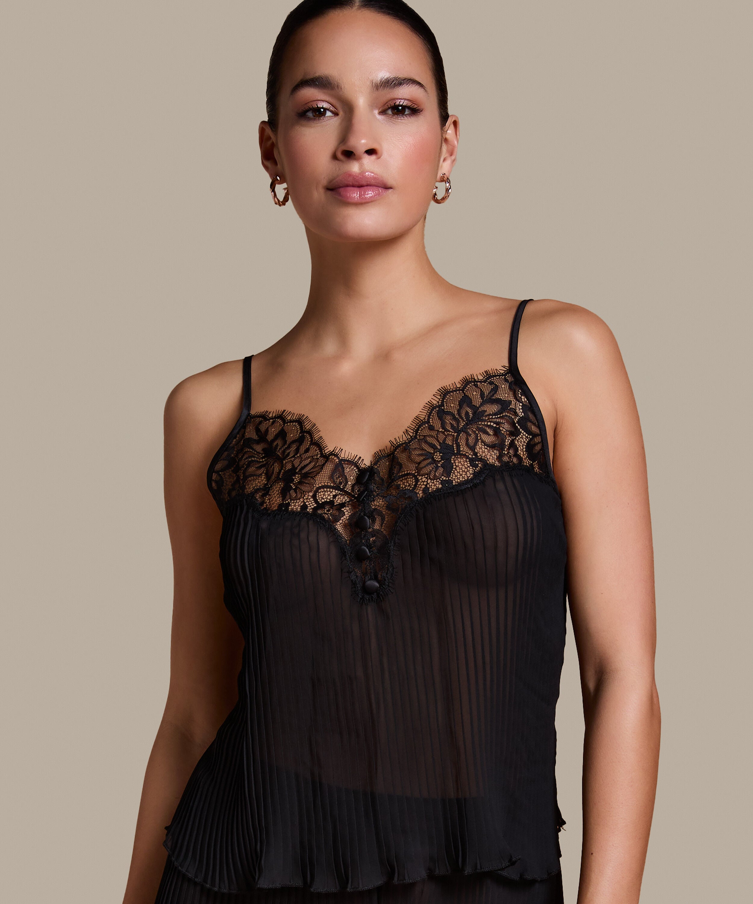 Plisse Lace Cami, Black Plisse Lace Cami, Black