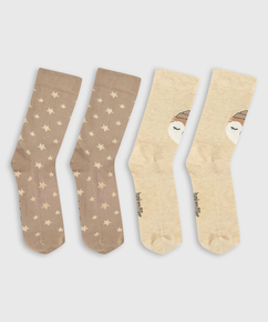 2 Pairs of Cotton Penguin socks, Beige