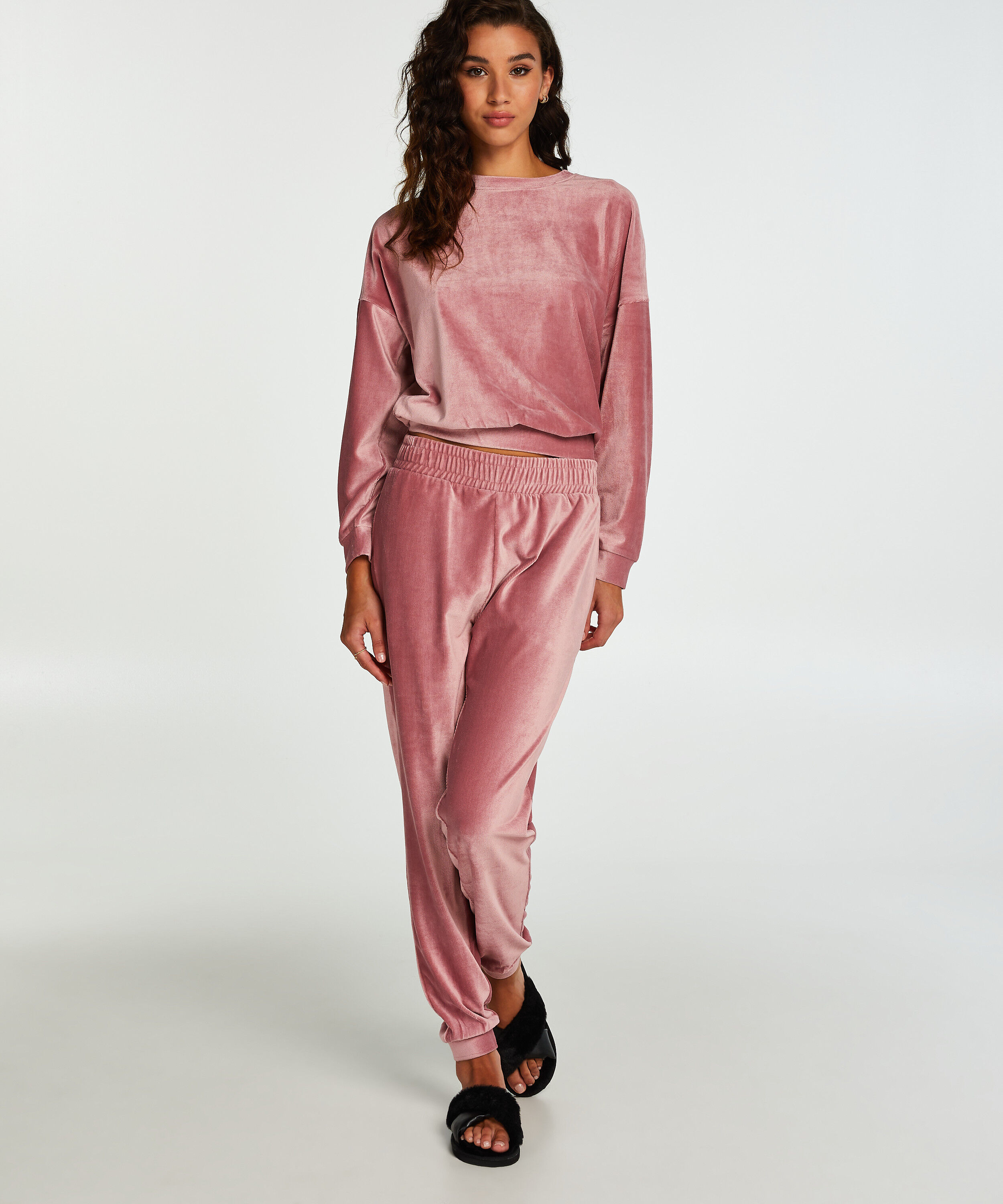 Velour Rib Jogging Pants, Pink
