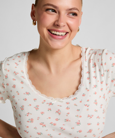 Ribbed Lace Short-sleeved Top, White