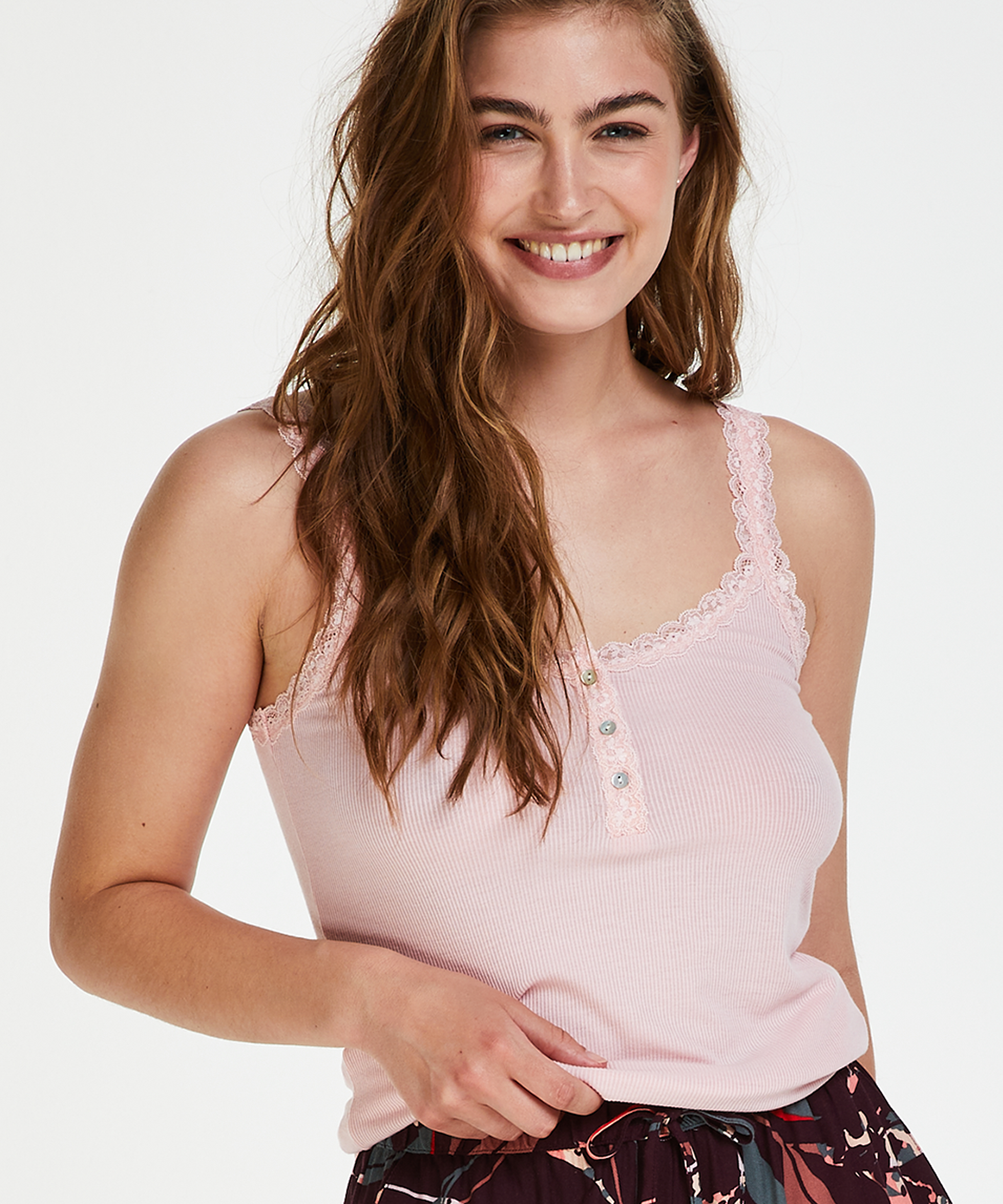 Singlet top cami rib lace, Pink, main