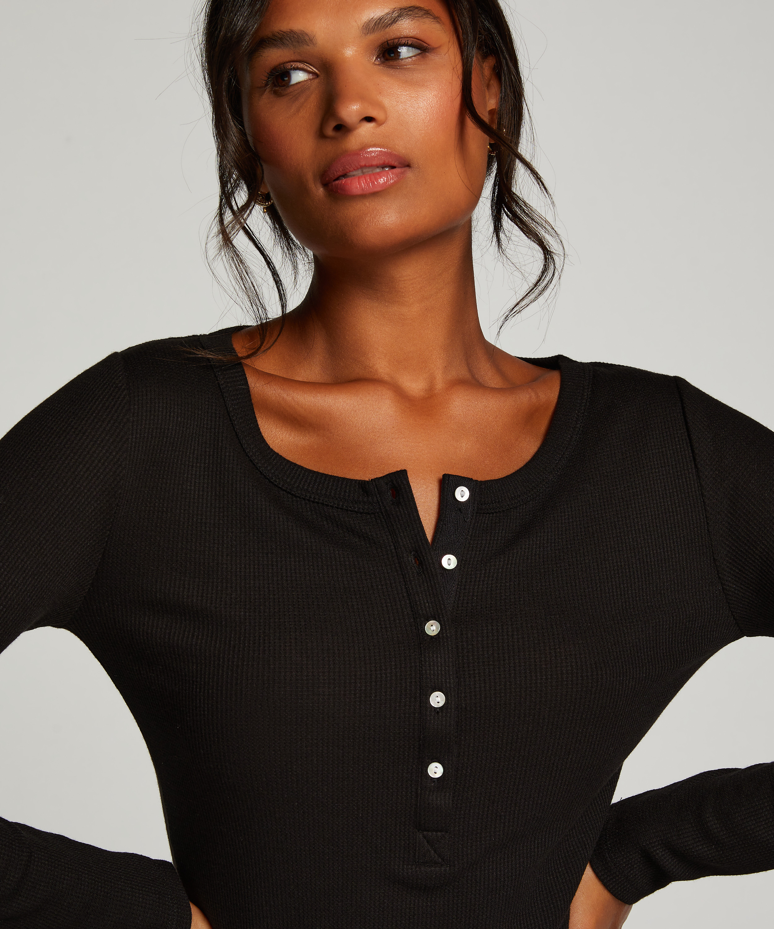 Long-Sleeved Pyjama Top, Black, main