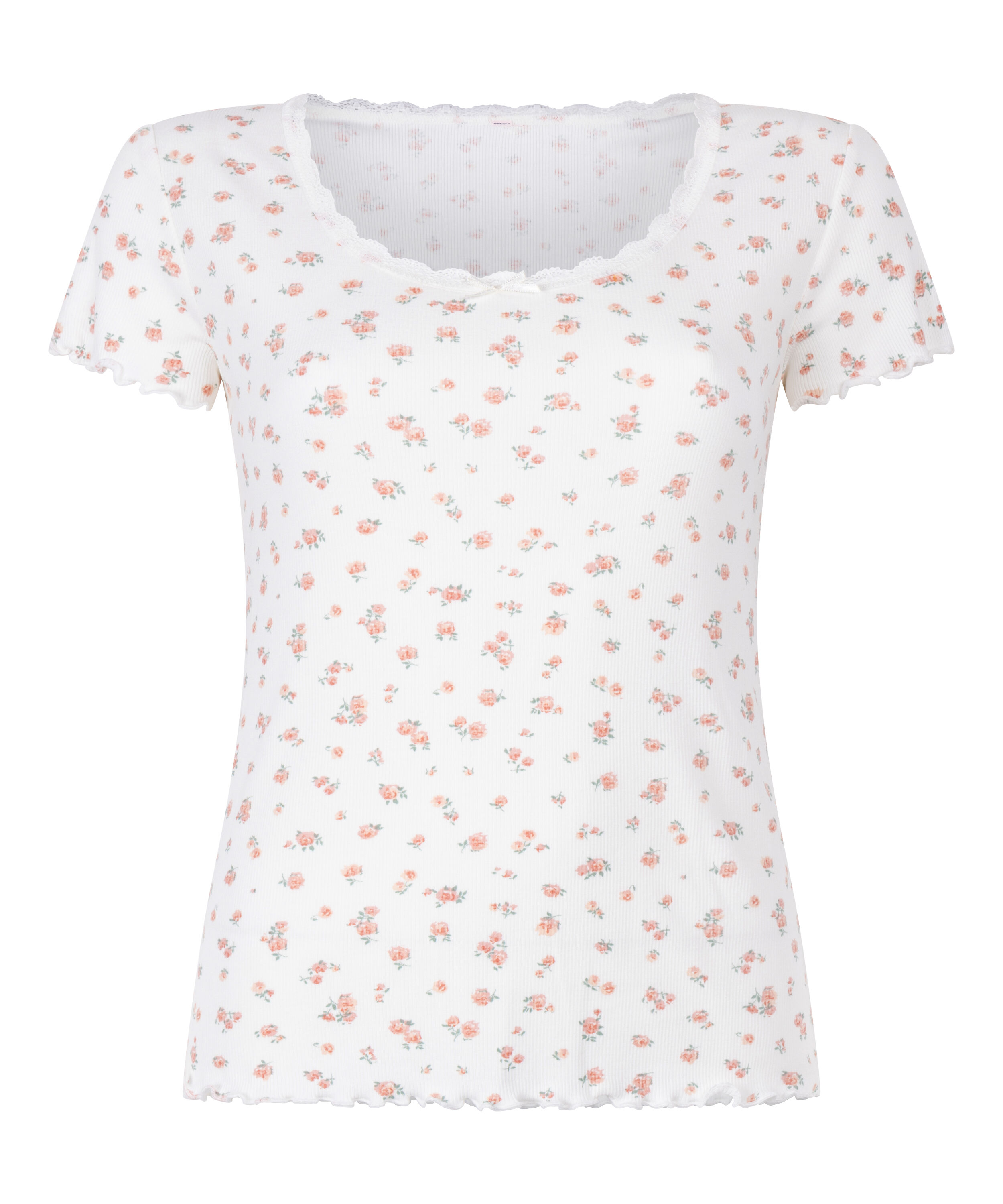 Ribbed Lace Short-sleeved Top, White