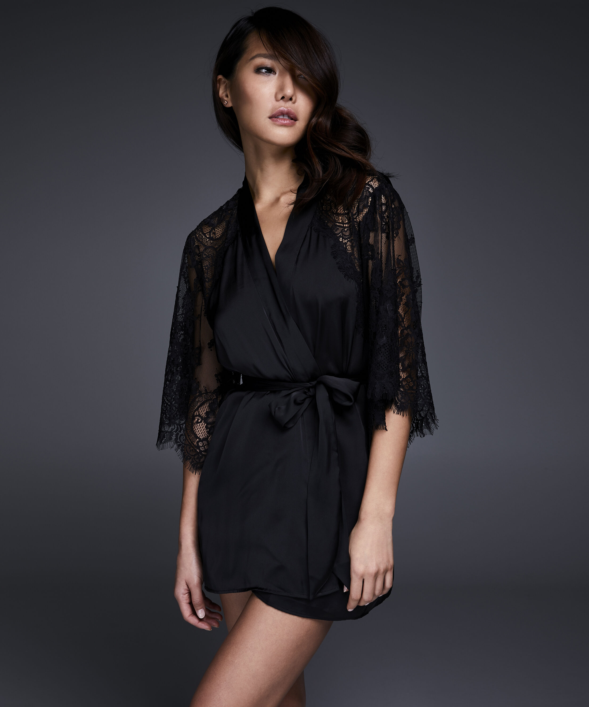 Satin Lace Flared Kimono, Black