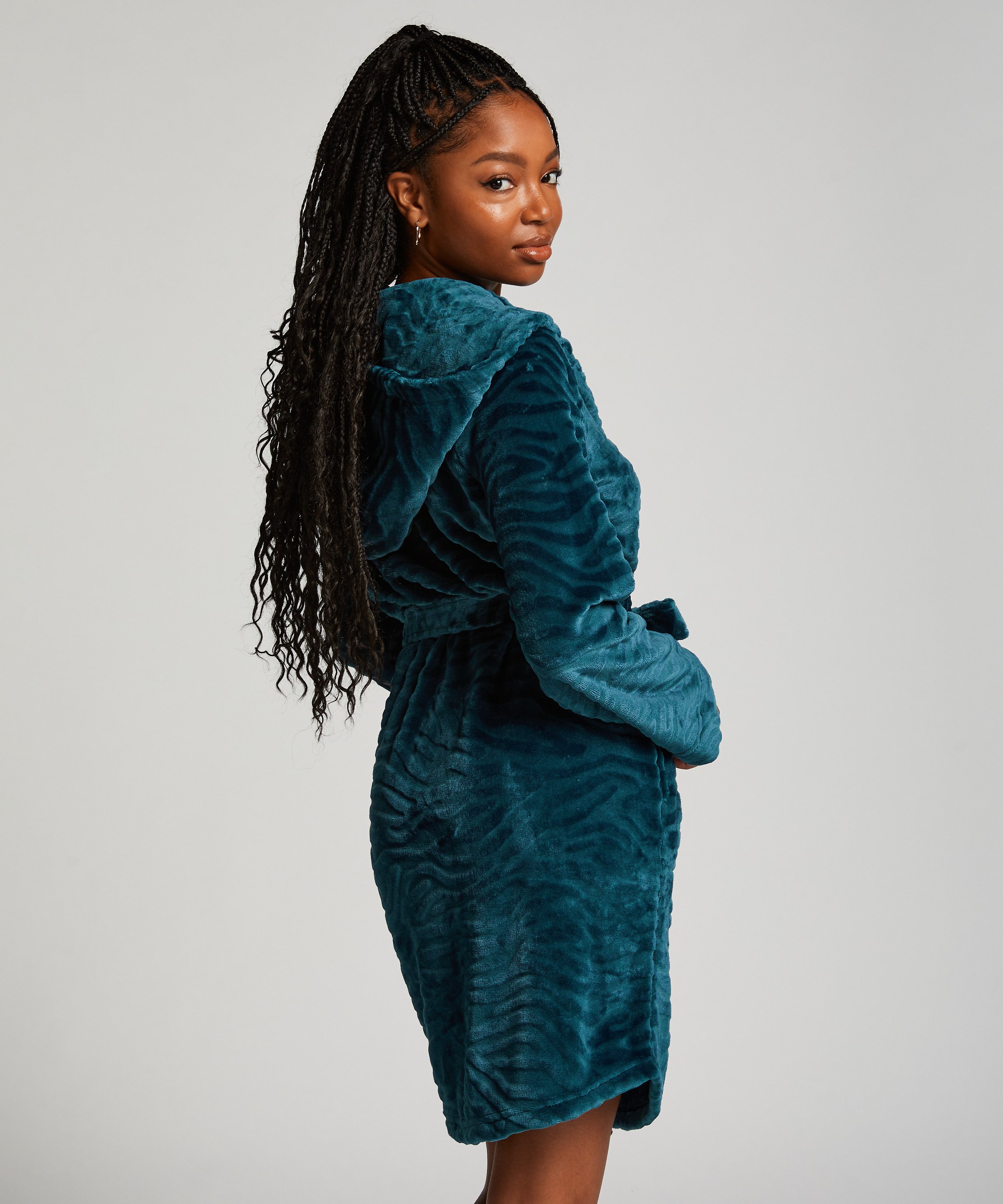 Short Fleece Ribbed Bathrobe, Blue, main