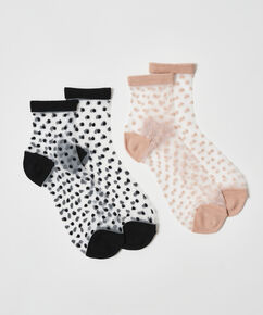 2 pairs Mesh polkadot socks, Tan