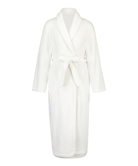 Long Fleece Ribbed Bathrobe, White