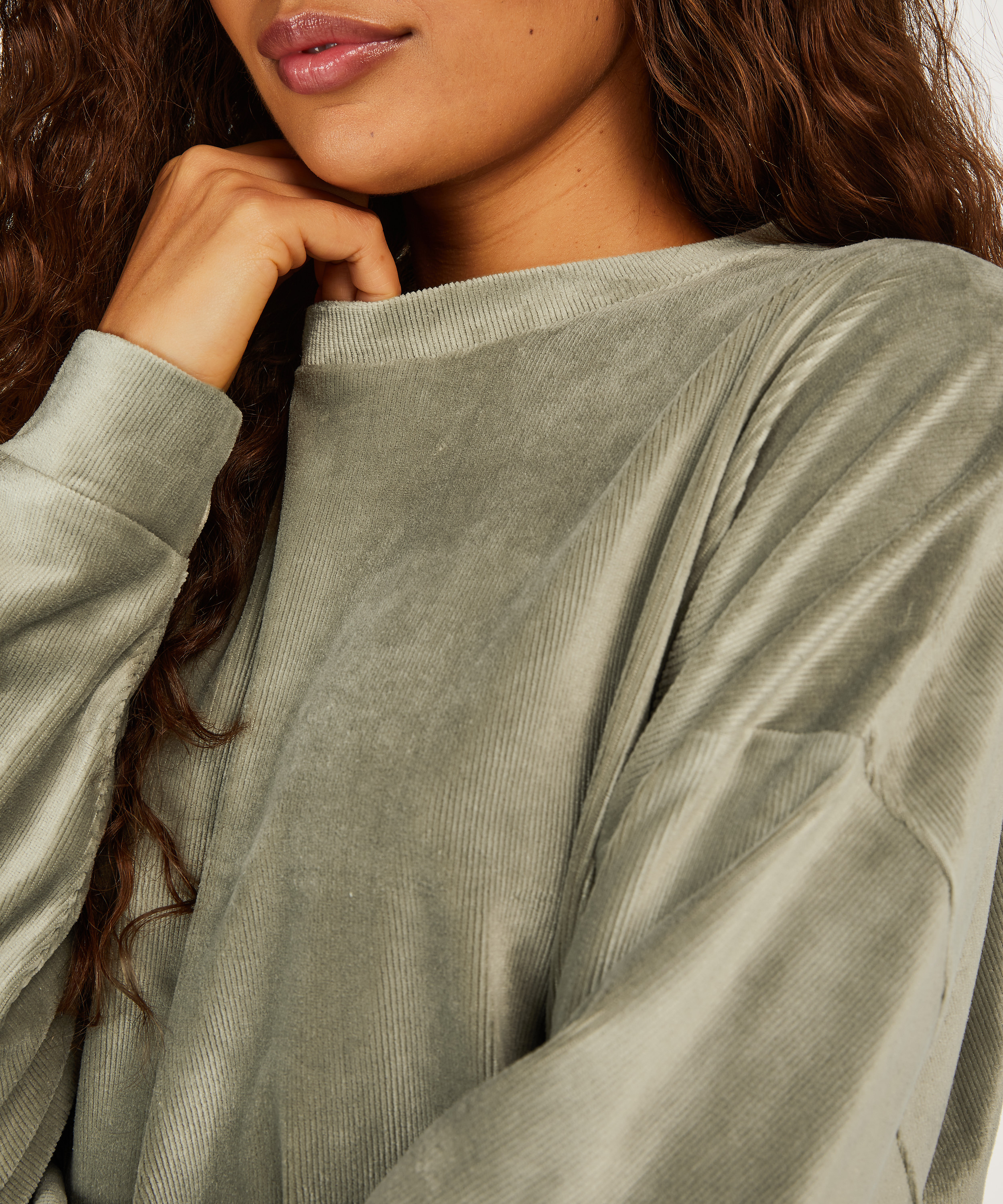 Velour rib top with long sleeves, Green, main