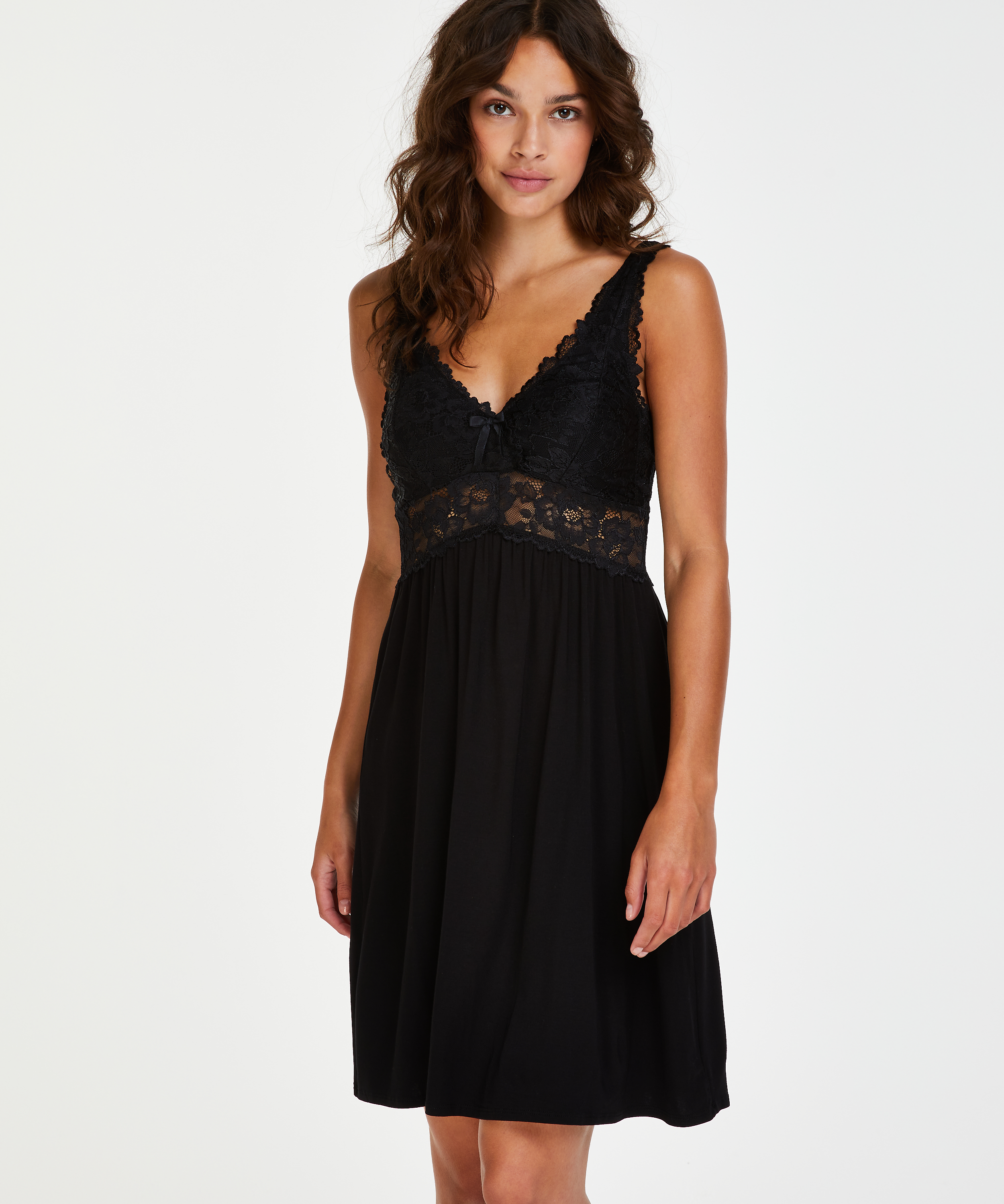 Modal Lace Slip Dress, Black, main