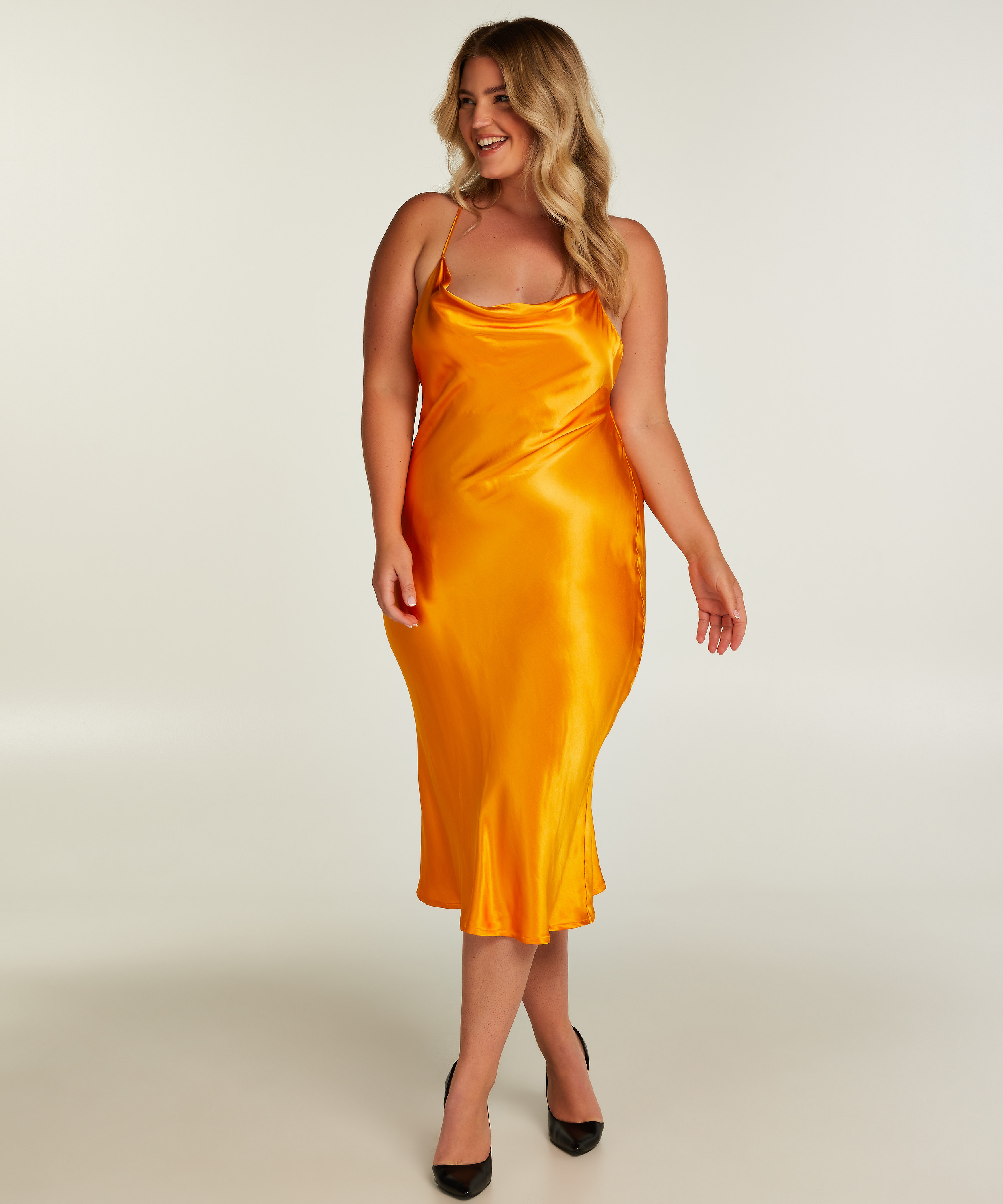 Satin Midi Dress, Orange, main