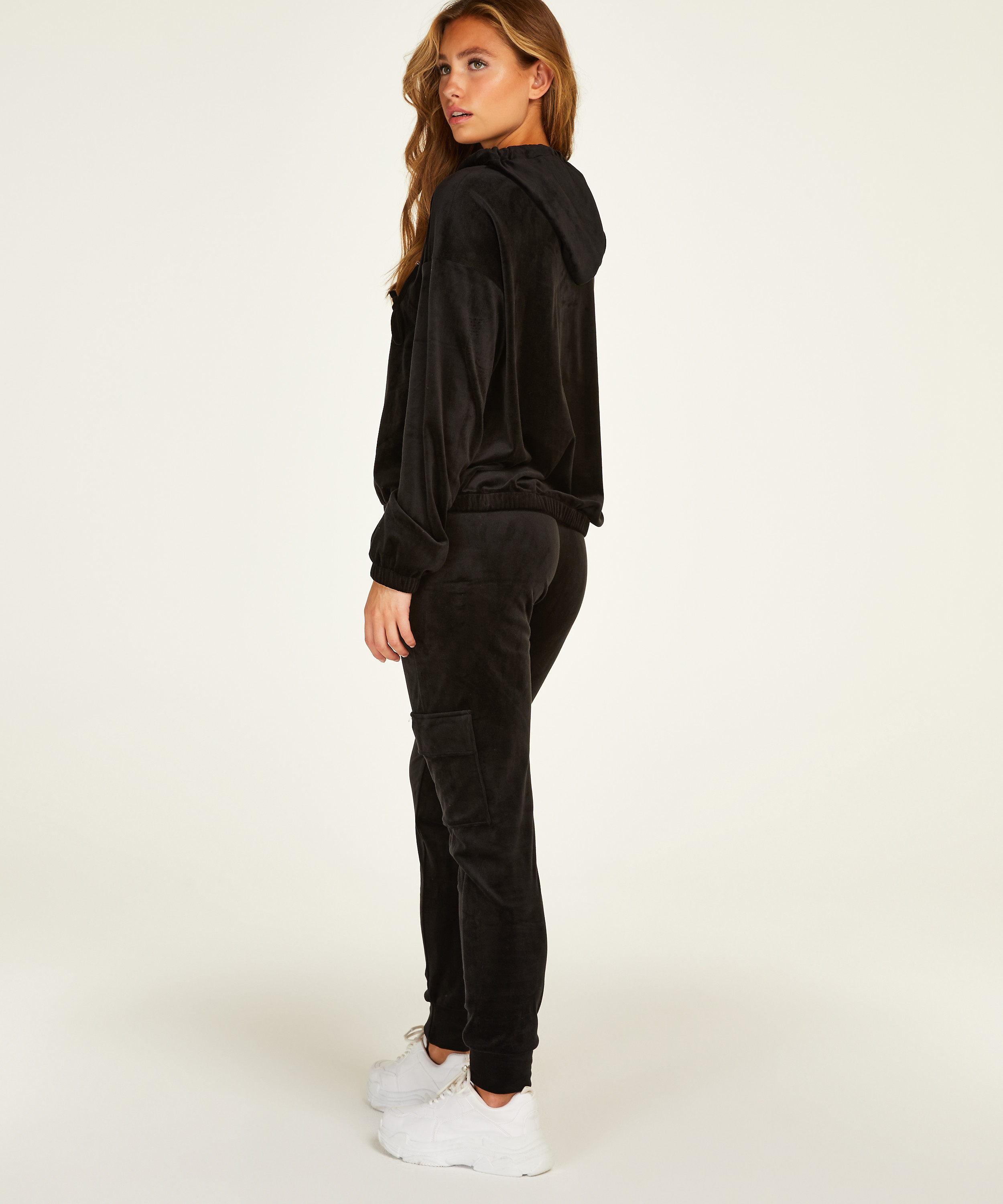 Velour hoodie jacket, Black, main