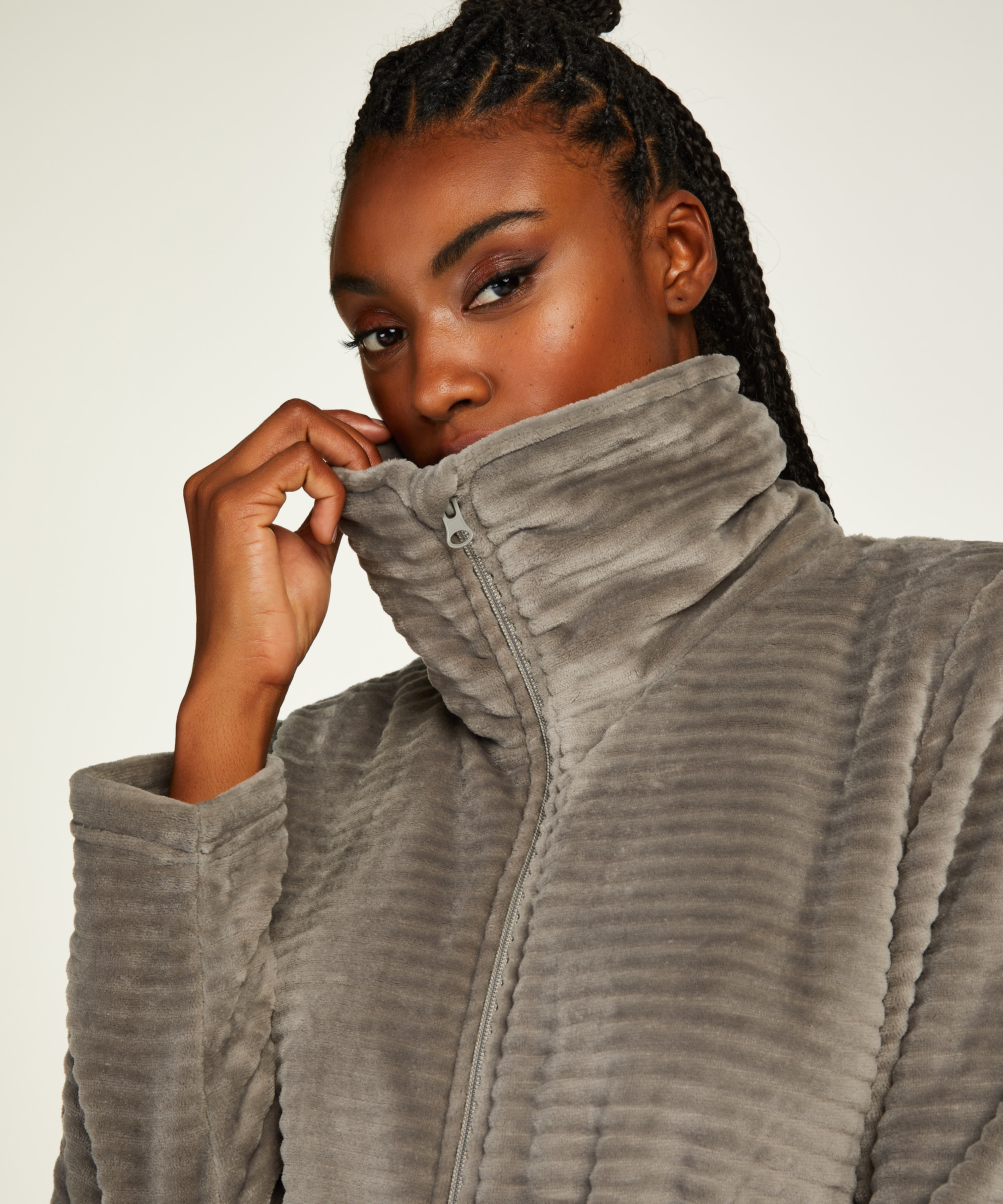 Zip Fleece Bathrobe, Grey, main