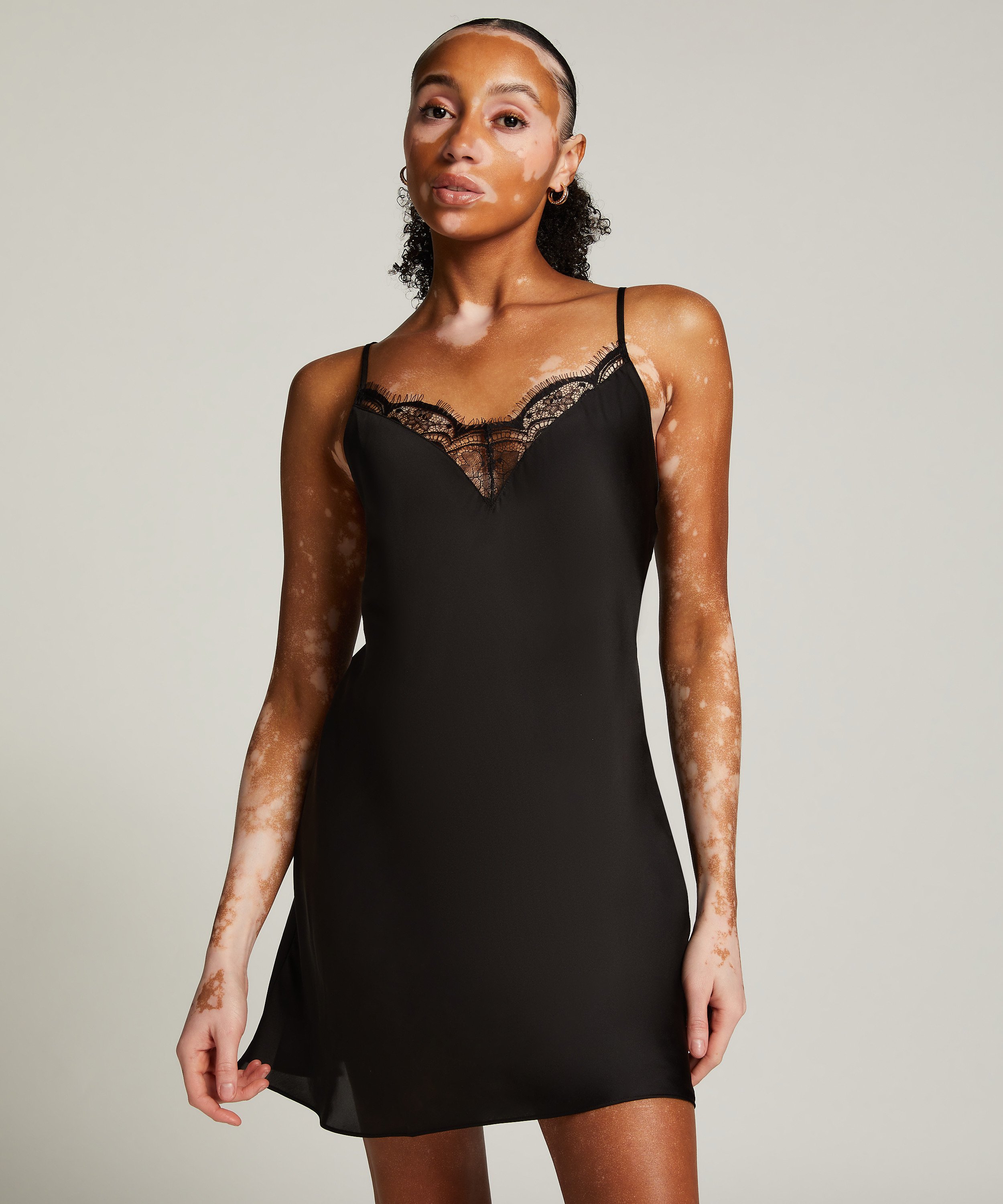 Satin Slip Dress, Black, main