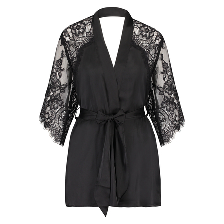 Satin Lace Flared Kimono, Black