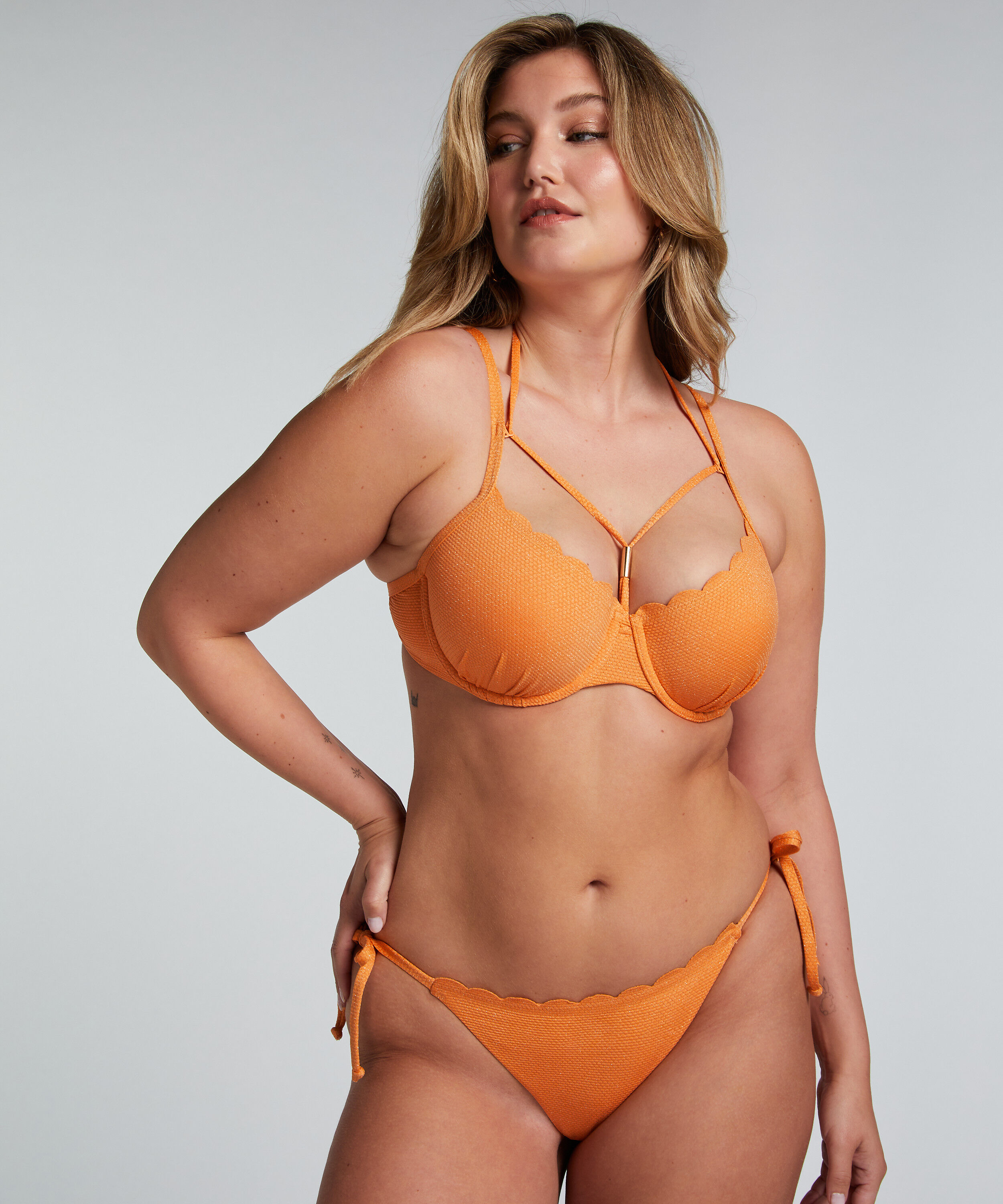 Scallop Lurex Bikini Top, Orange