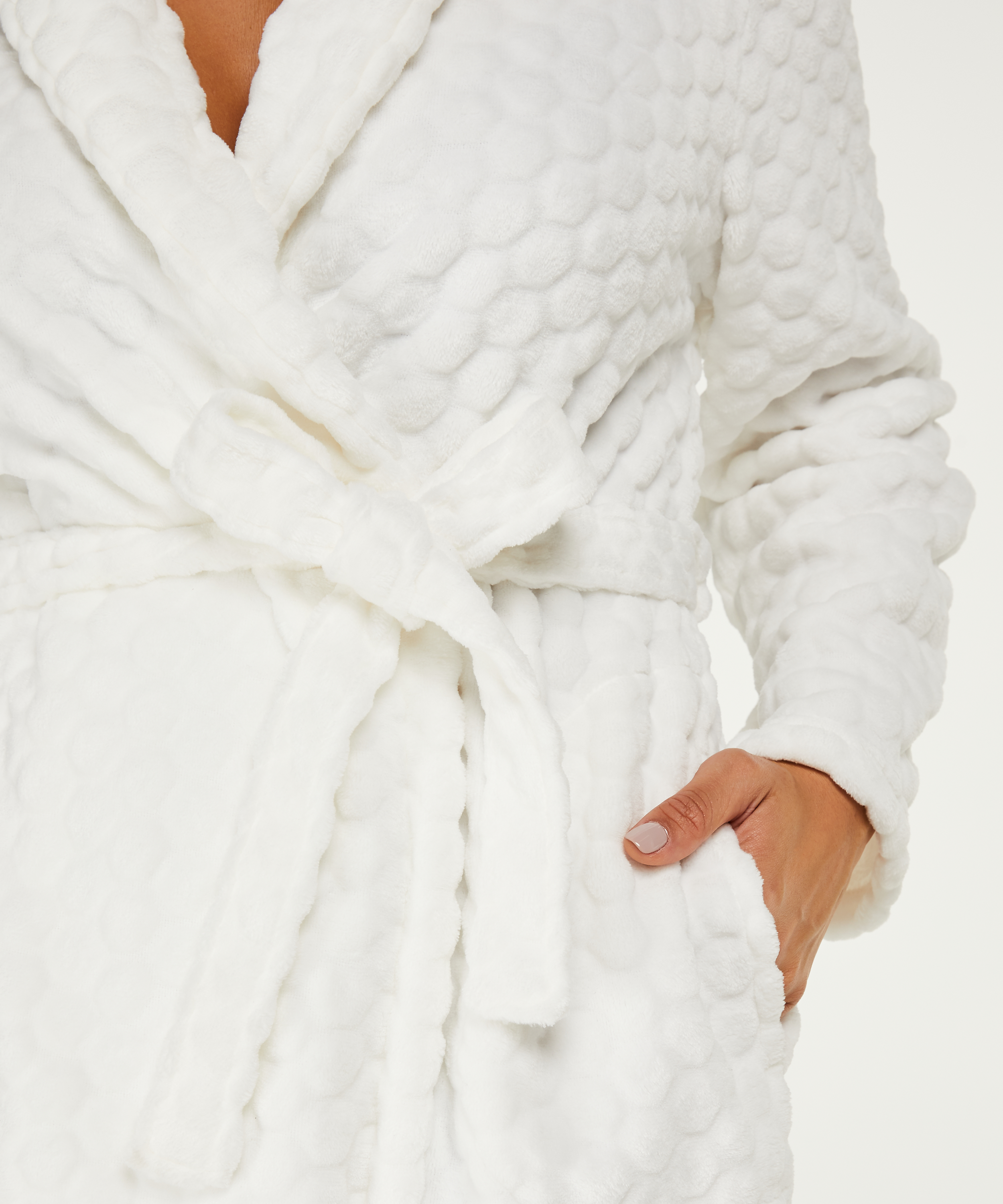 Long Fleece Bathrobe, White, main