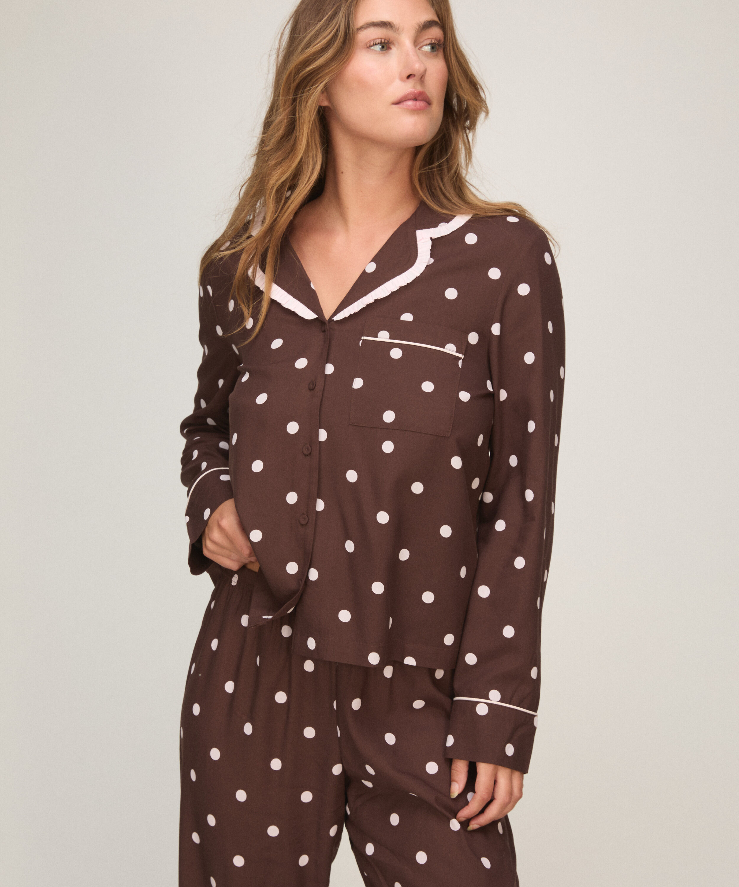 Pyjama Set Poplin Ruffle, Brown Pyjama Set Poplin Ruffle, Brown