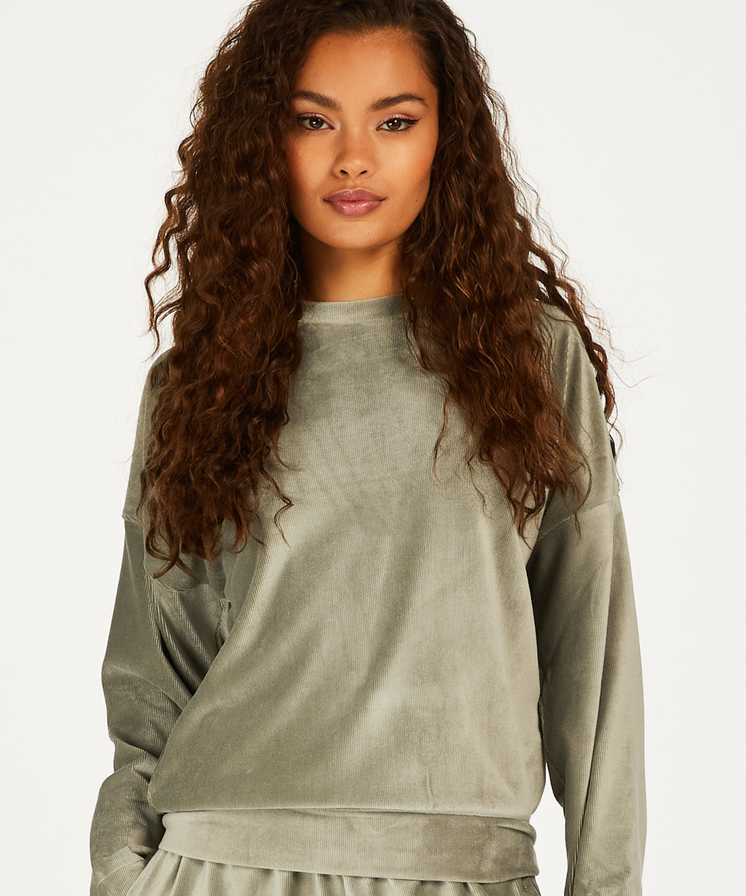 Velour rib top with long sleeves, Green, main