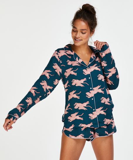 Woven Pyjama Jacket Long Sleeves, Blue