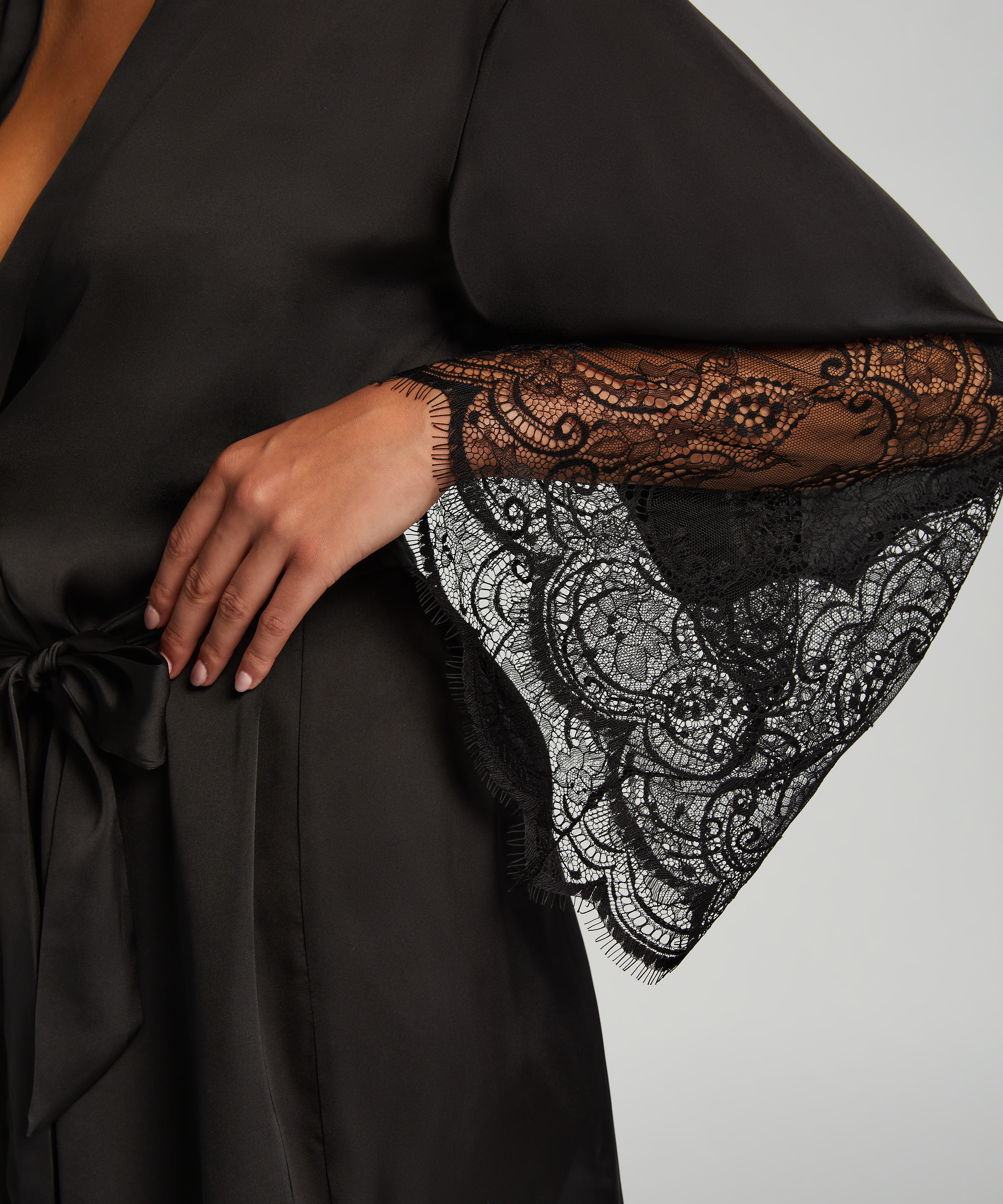 Lace Satin Kimono, Black, main