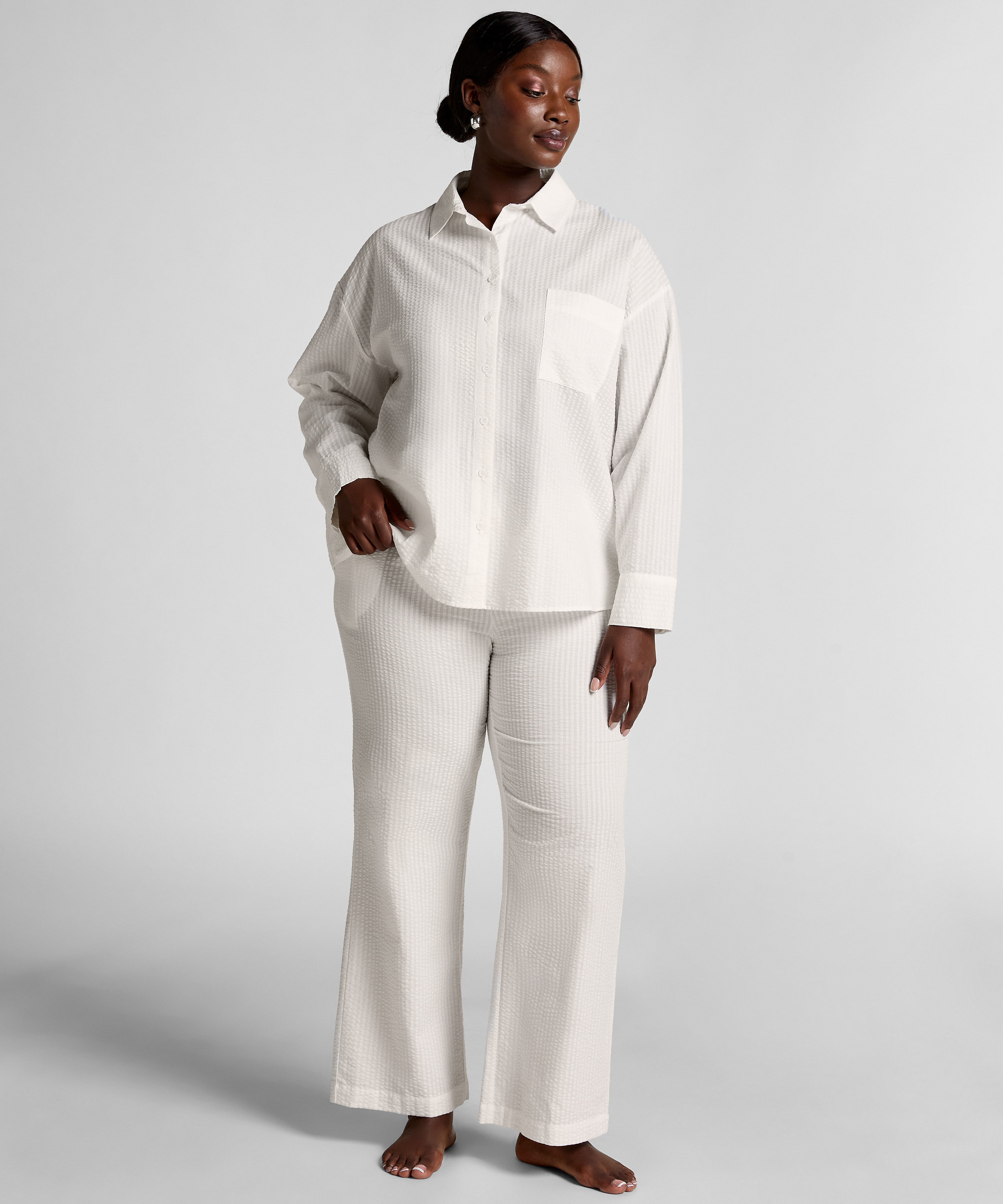 Seersucker Cotton Pyjama Pants, White, main