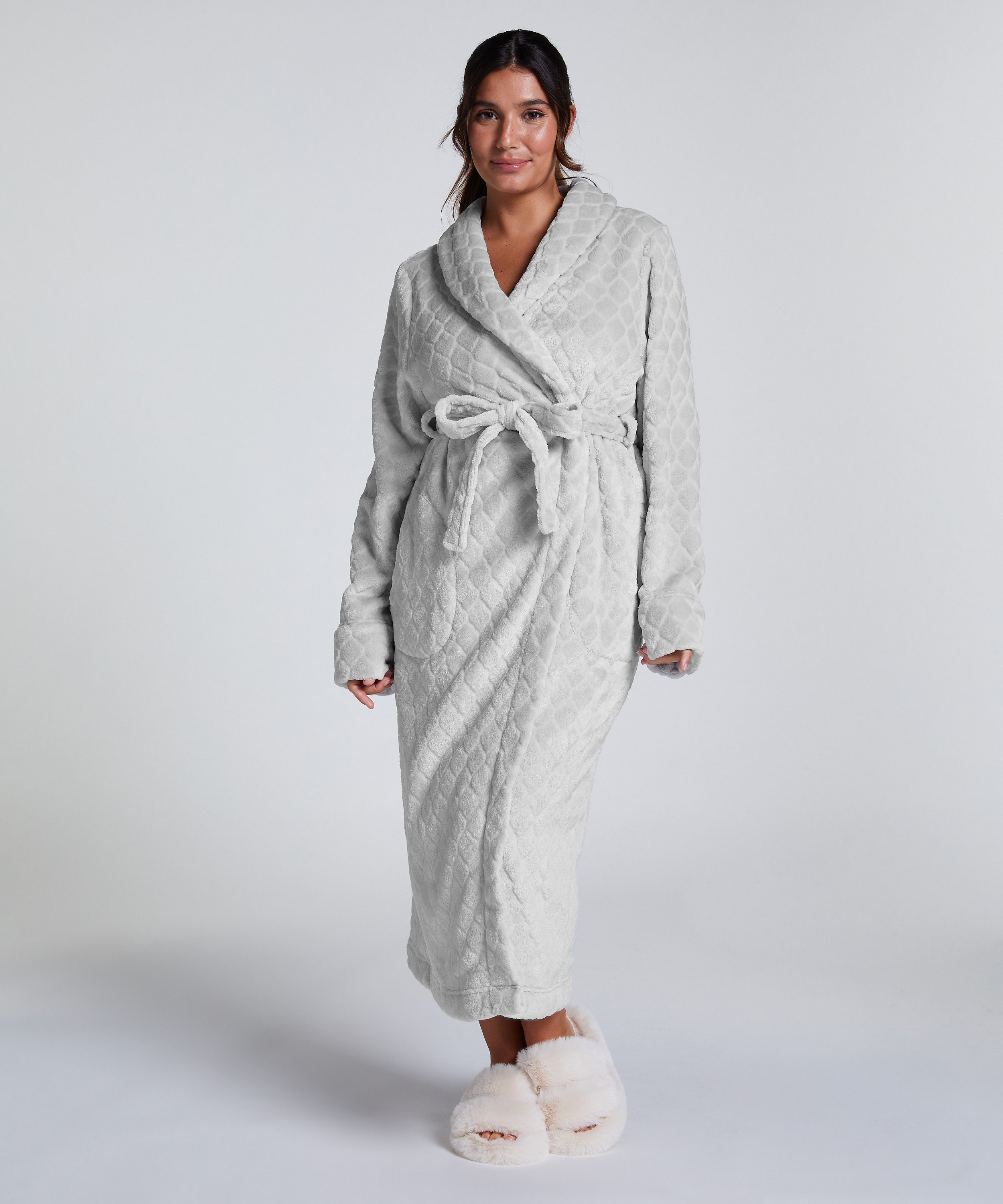 Long Fleece Bathrobe, Grey, main