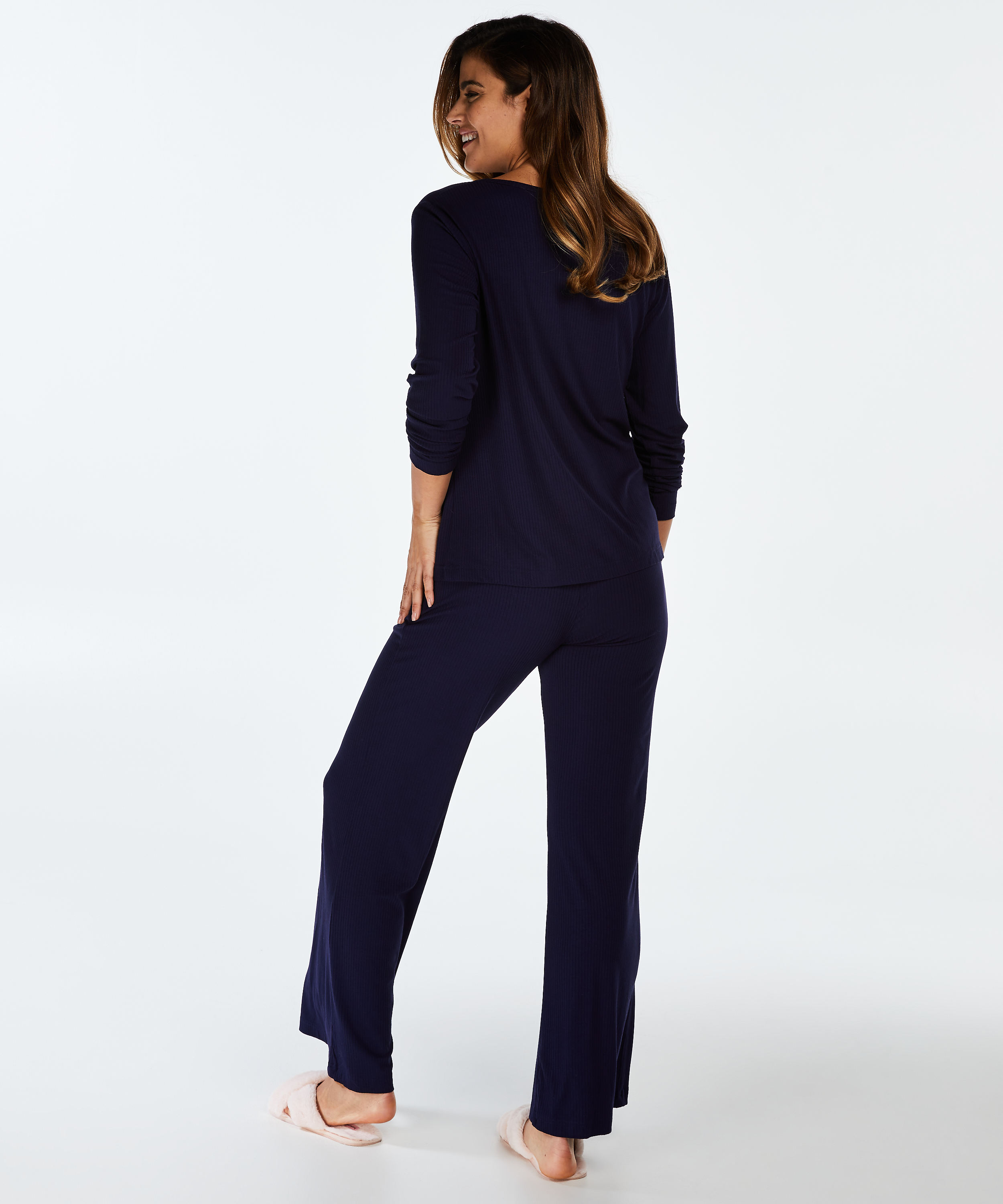 Long-sleeved pyjama top rib keyhole, Blue, main