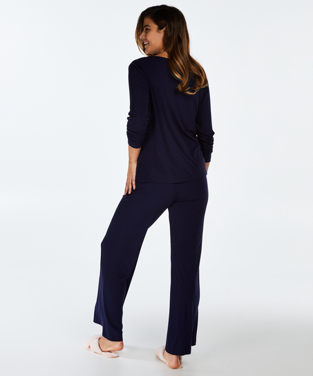 Long-sleeved pyjama top rib keyhole, Blue