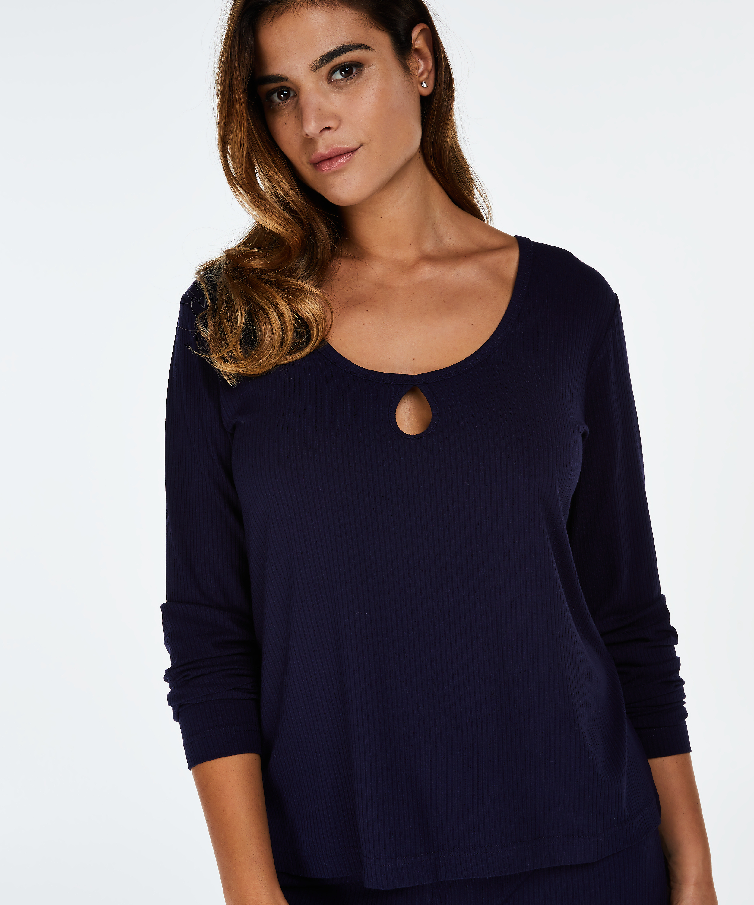 Long-sleeved pyjama top rib keyhole, Blue, main