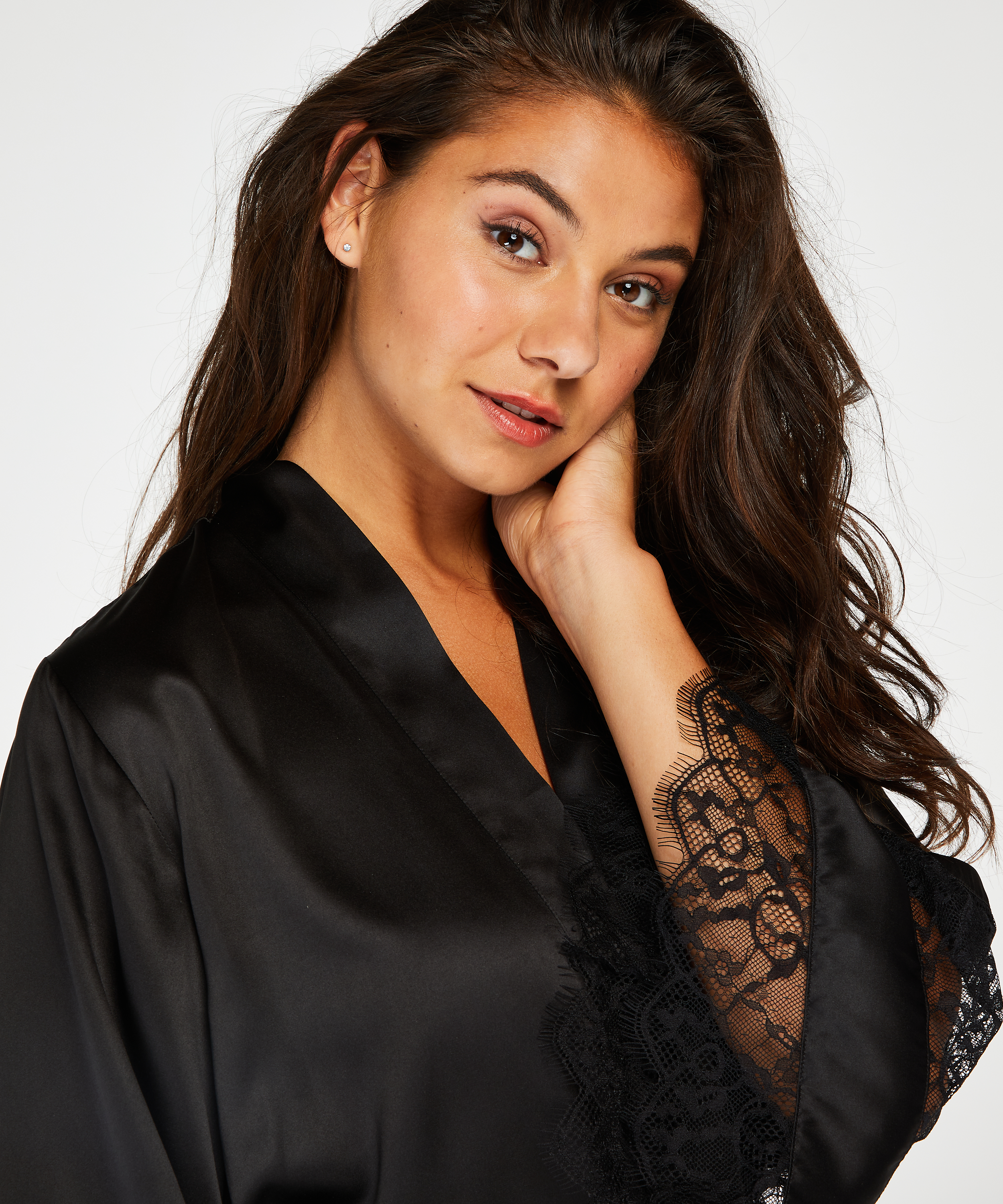 Satin Lace Kimono, Black, main