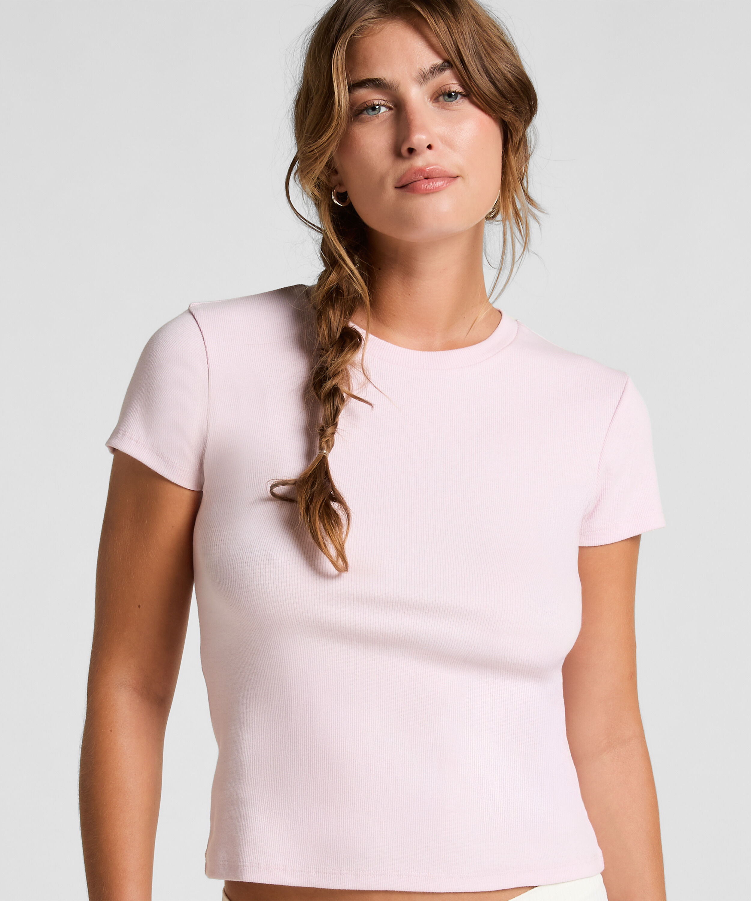 Ribbed Crew Neck Short-Sleeved Pyjama Top, Pink