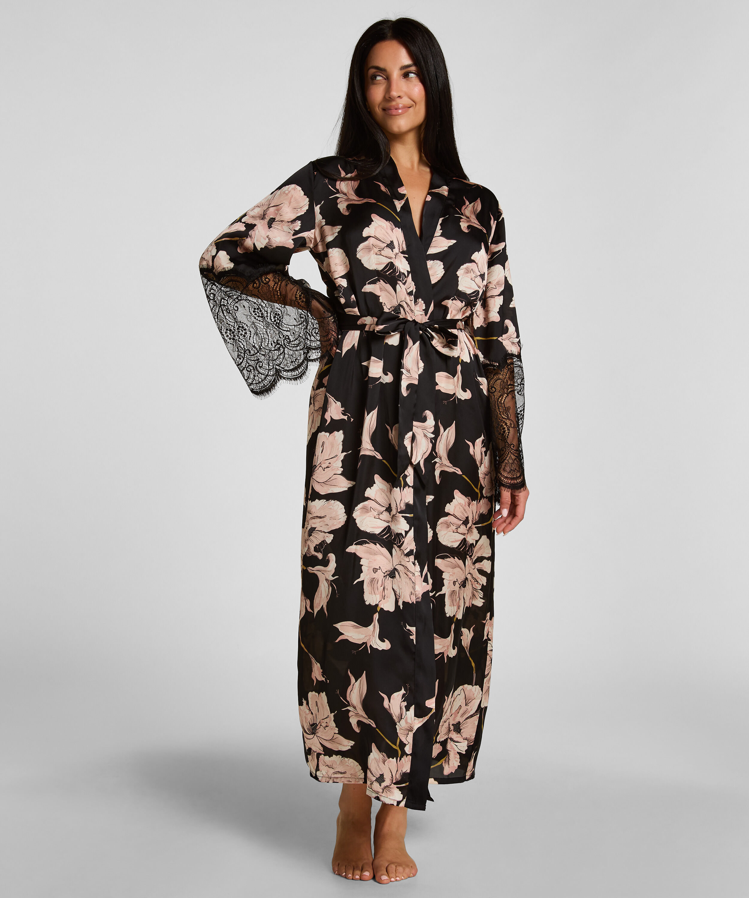 Kimono Long Satin Lace, Black