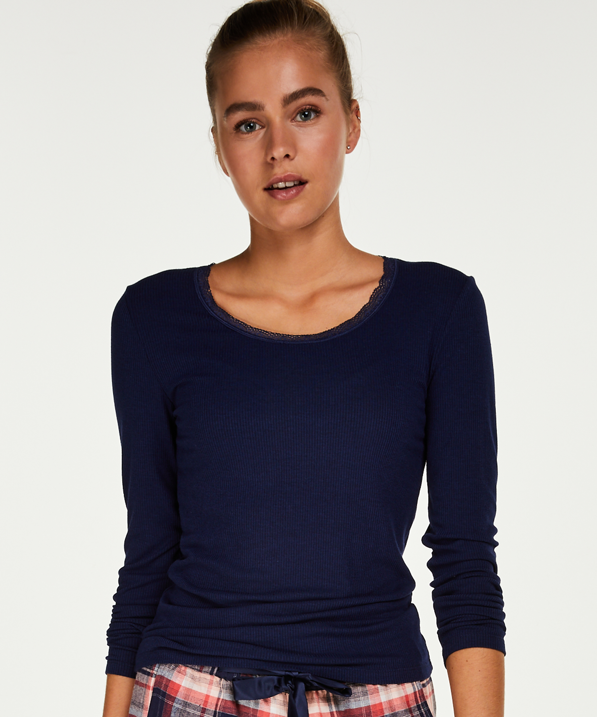 LS ribbed top R-neck, Blue, main