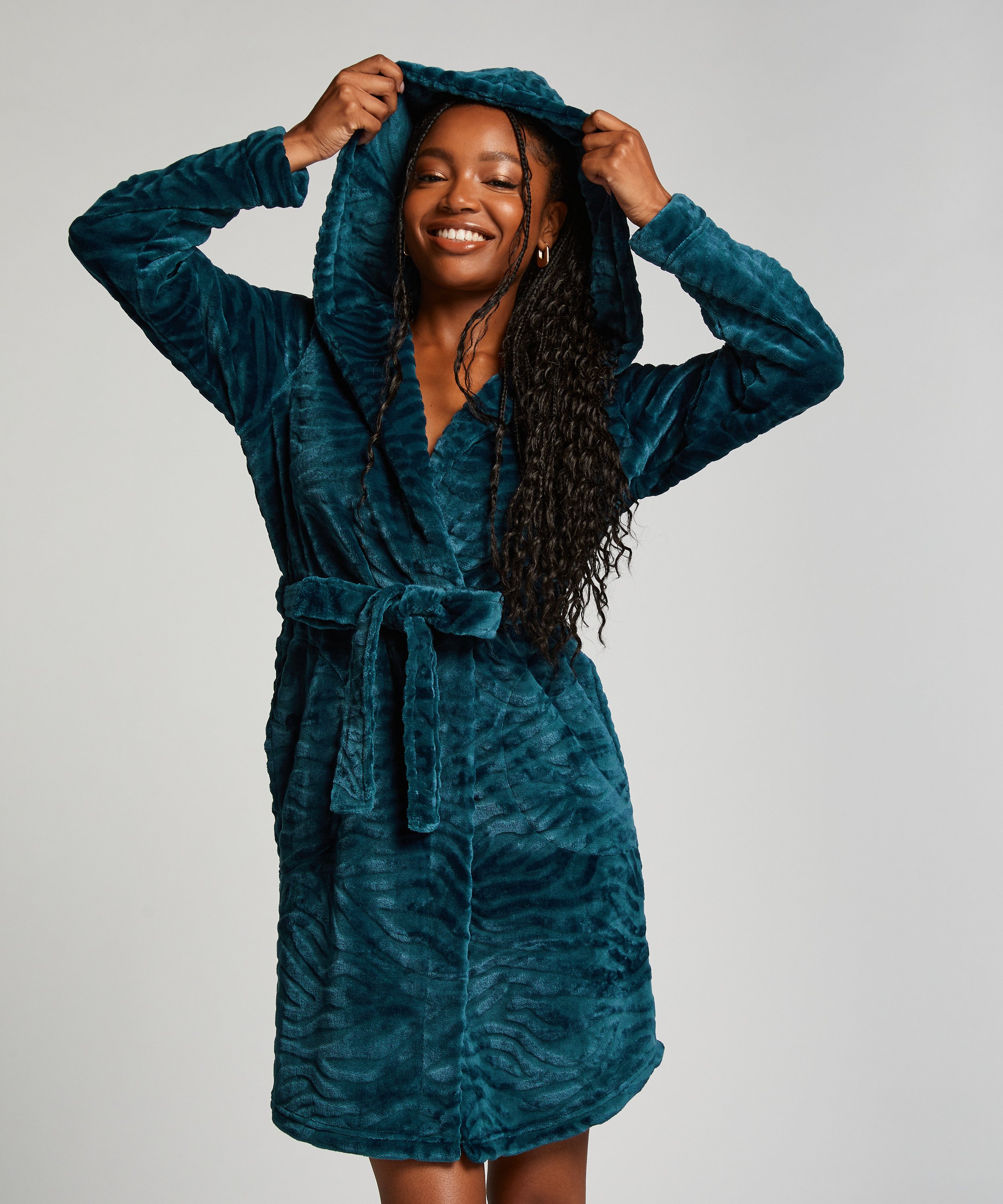Short Fleece Ribbed Bathrobe, Blue, main