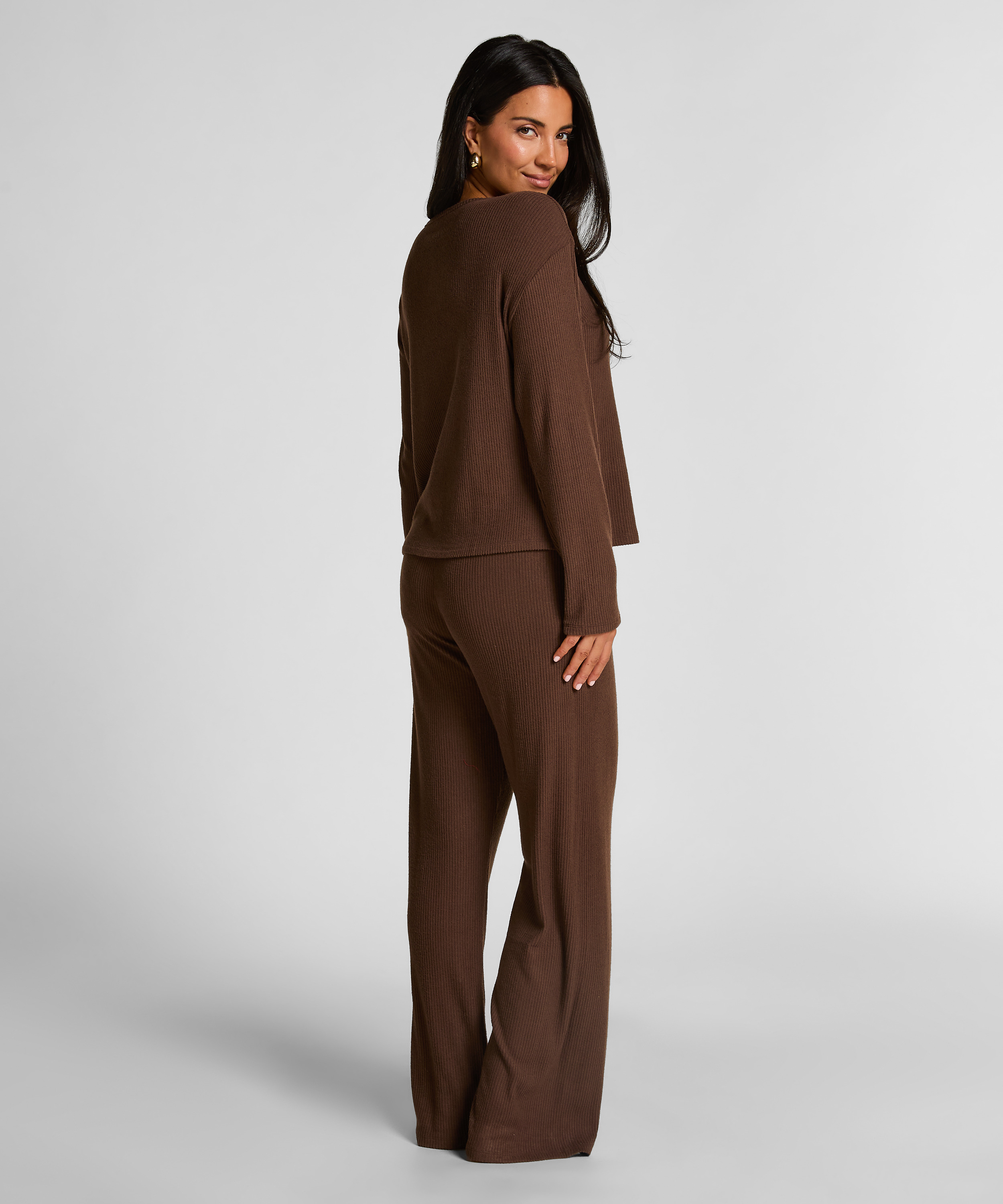 Jersey Long-Sleeved Pyjama Top, Brown, main