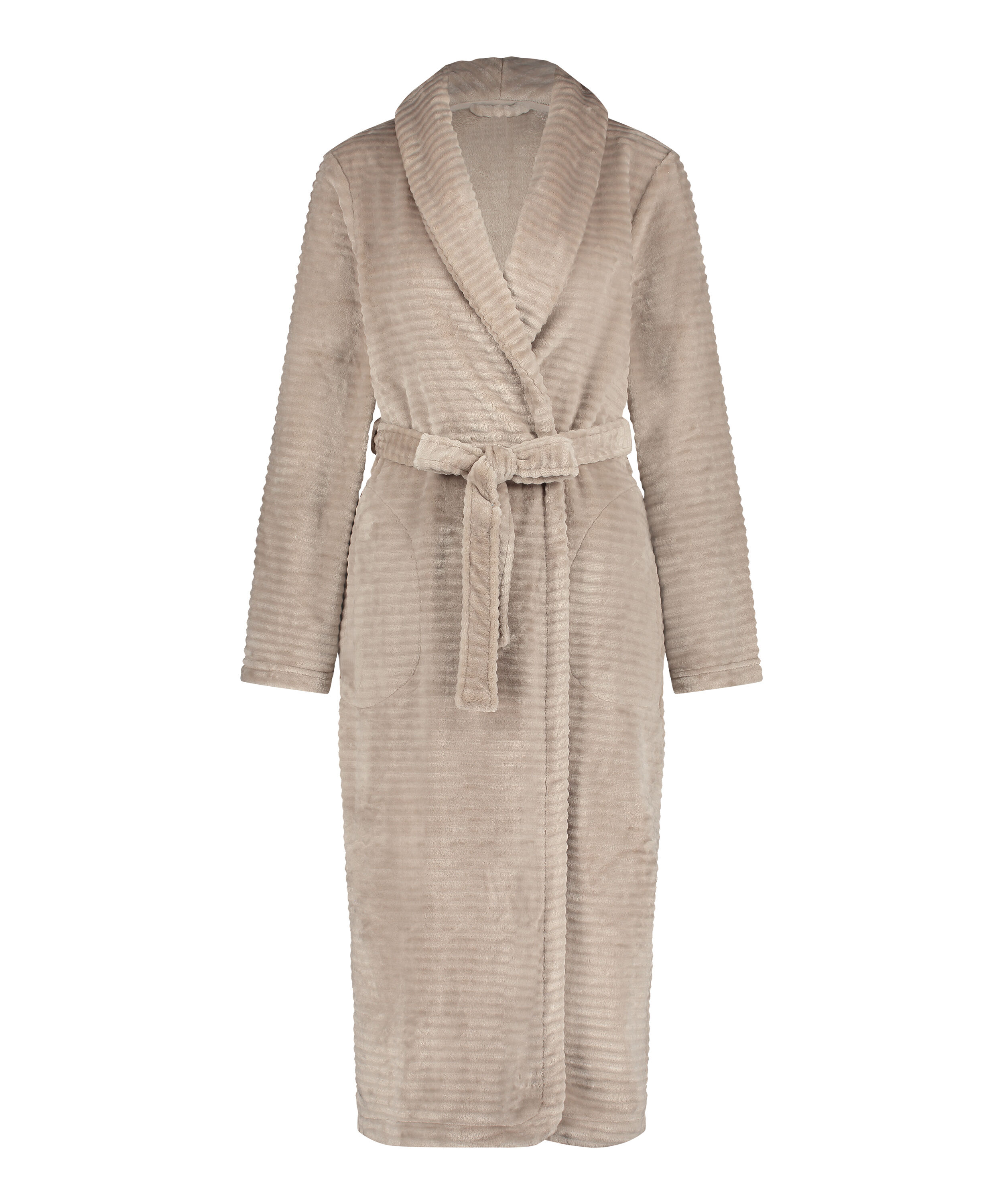 Long Fleece Ribbed Bathrobe, Beige