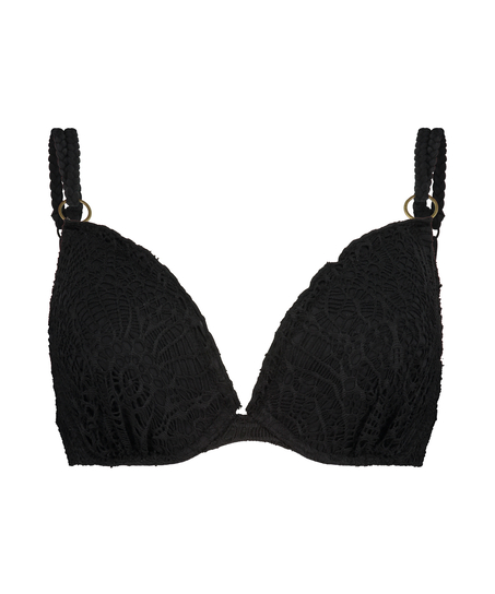 Crochet padded underwired bikini top, Black