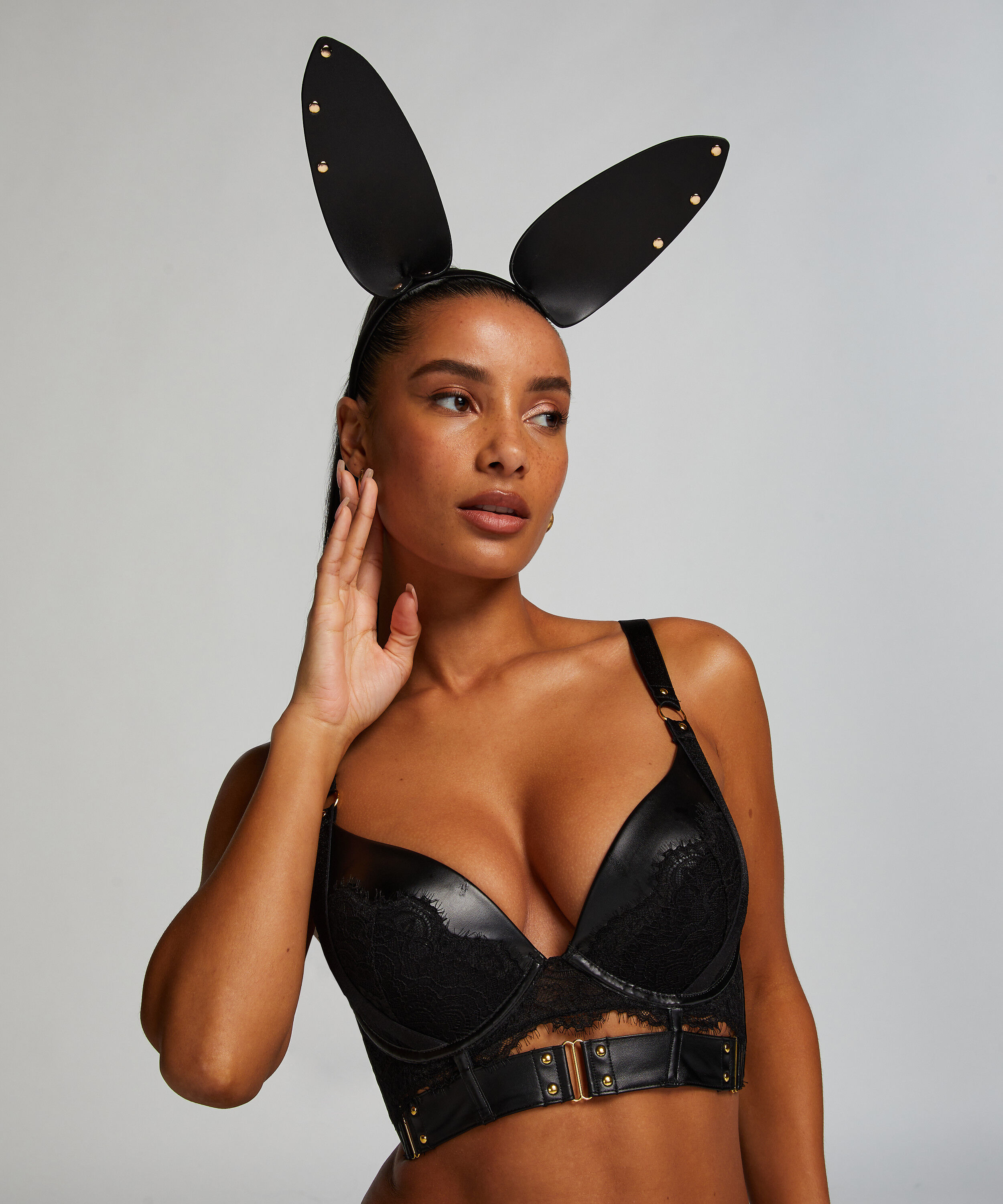 Bunny Faux Leather Headband, Black