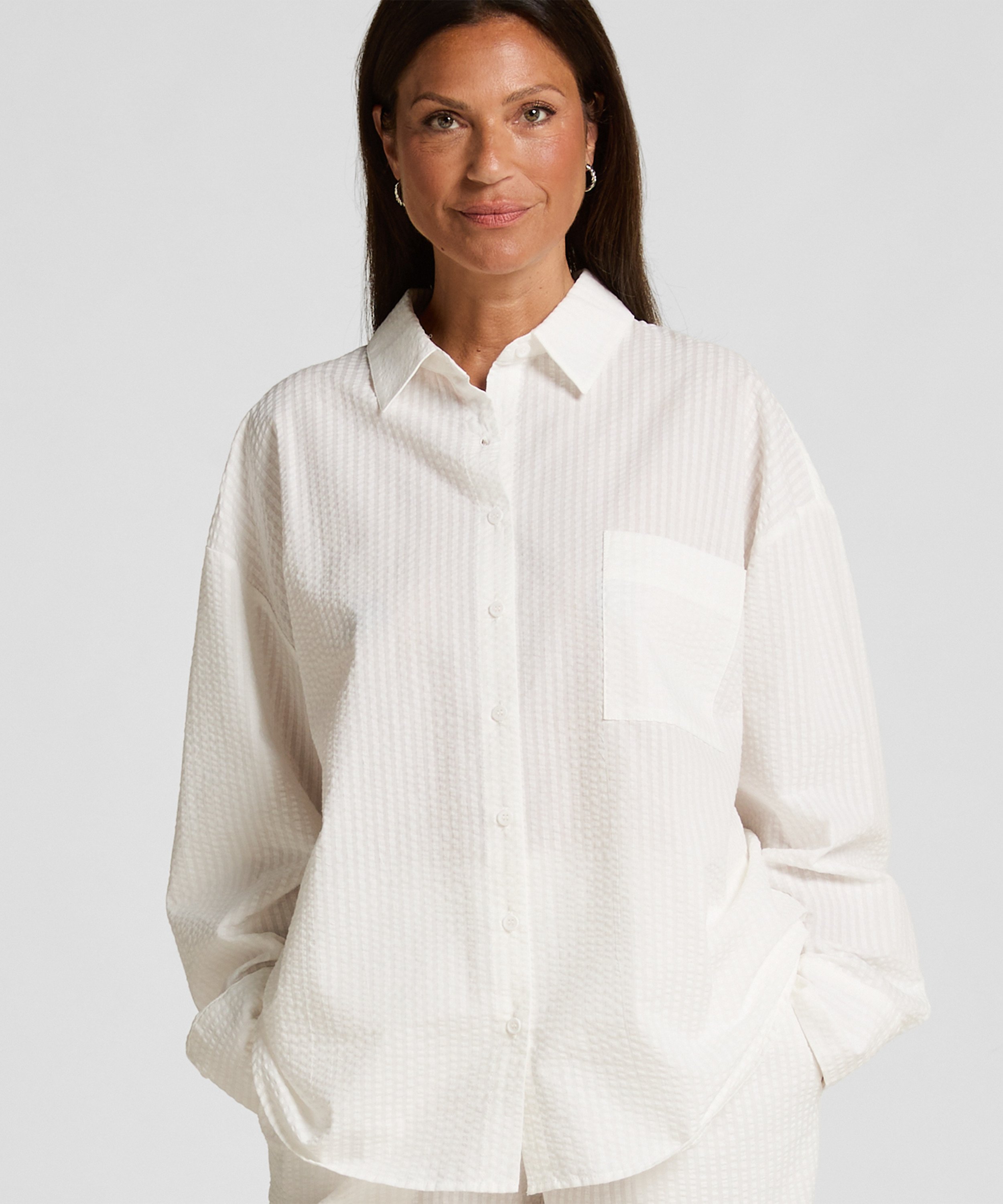 Seersucker Cotton Pyjama Top, White, main